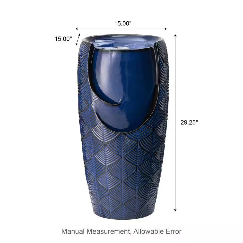 29.25 In. H Outdoor Oversized Cobalt Blue Scale-Like Textured Glaze Ceramic Pot Floor Fountain with LED Light