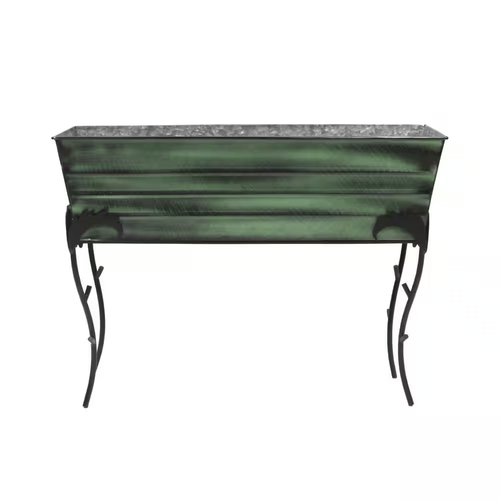 25.75 In. H Rectangular Classic Green Galvanized Steel Large Flower Box W/ Black Wrought Iron Flora Stand
