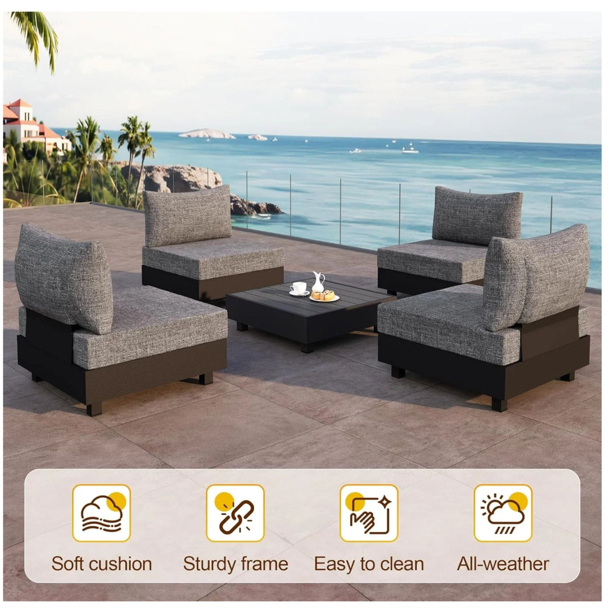 Modular Armless Chair Set with Coffee Table - Gray
