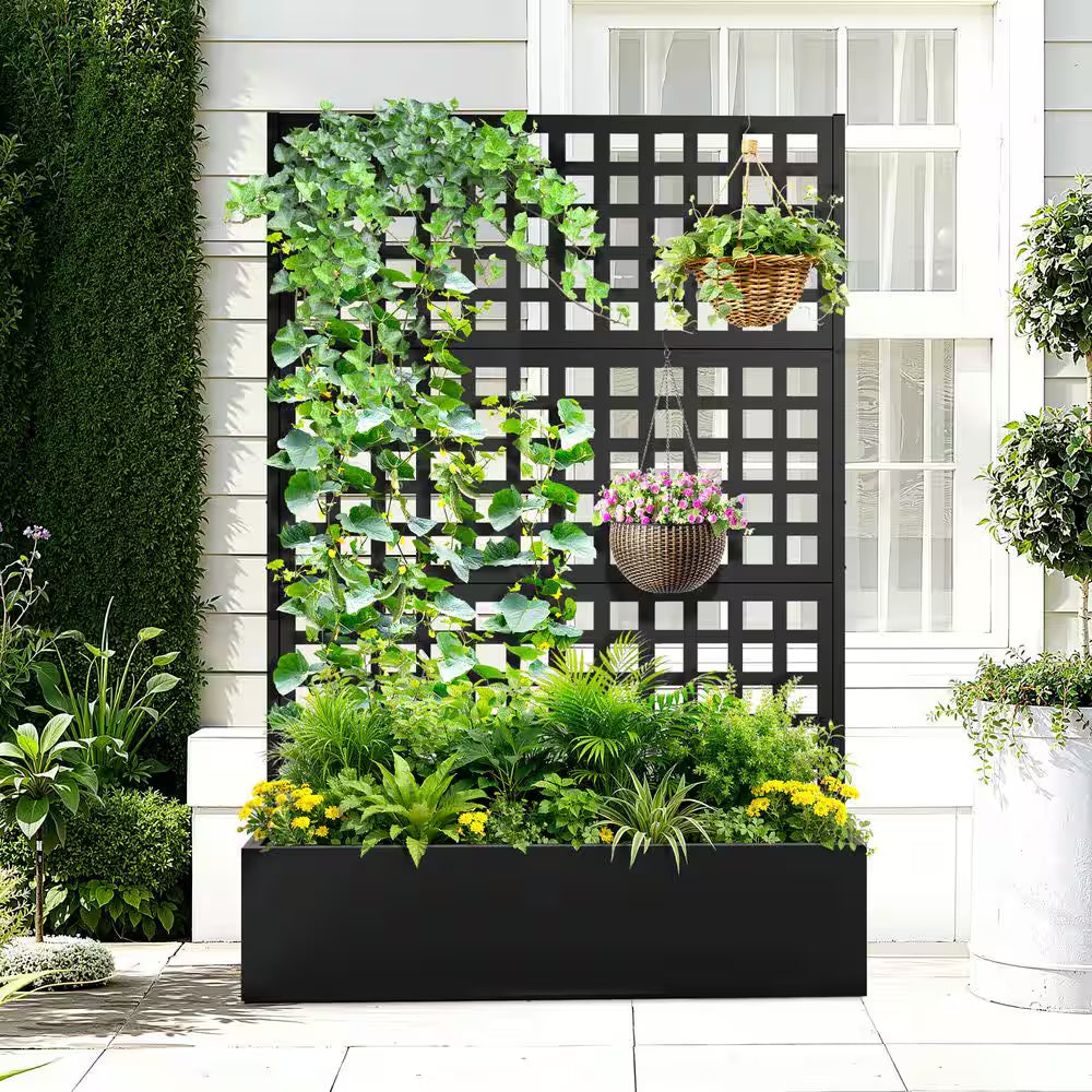 47 In.L X 16 In.W X 71 In.H Metal Raised Garden Planter Box W/Trellis-Black Rectangle Pot for Climbing Plants, Cucumbers