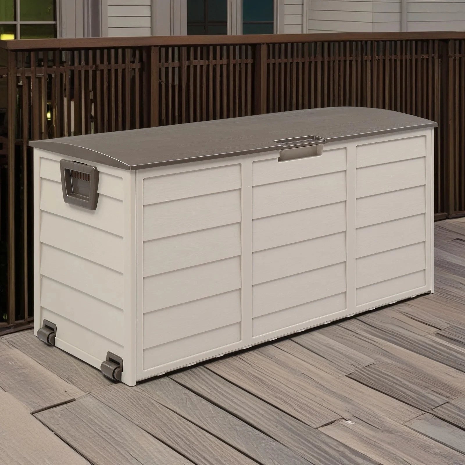 75 Gallon Weather Storage Box on Wheel, Deck Bin Garden Bench for Outdoor Patio Seat - Brown