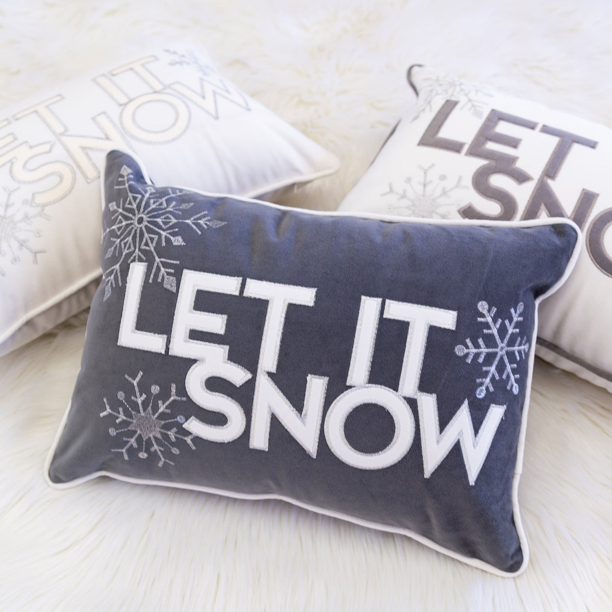 Nneka Let It Snow White Velvet Lumbar Pillow with Embroidery - 14x20