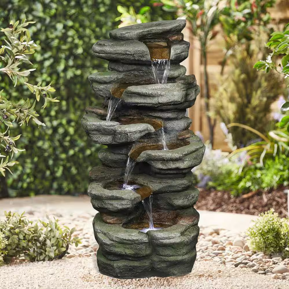 30. 7In. H Resin 6-Tier Cascading Rock Tiered Fountain with LED Lights for Garden and Patio Decor