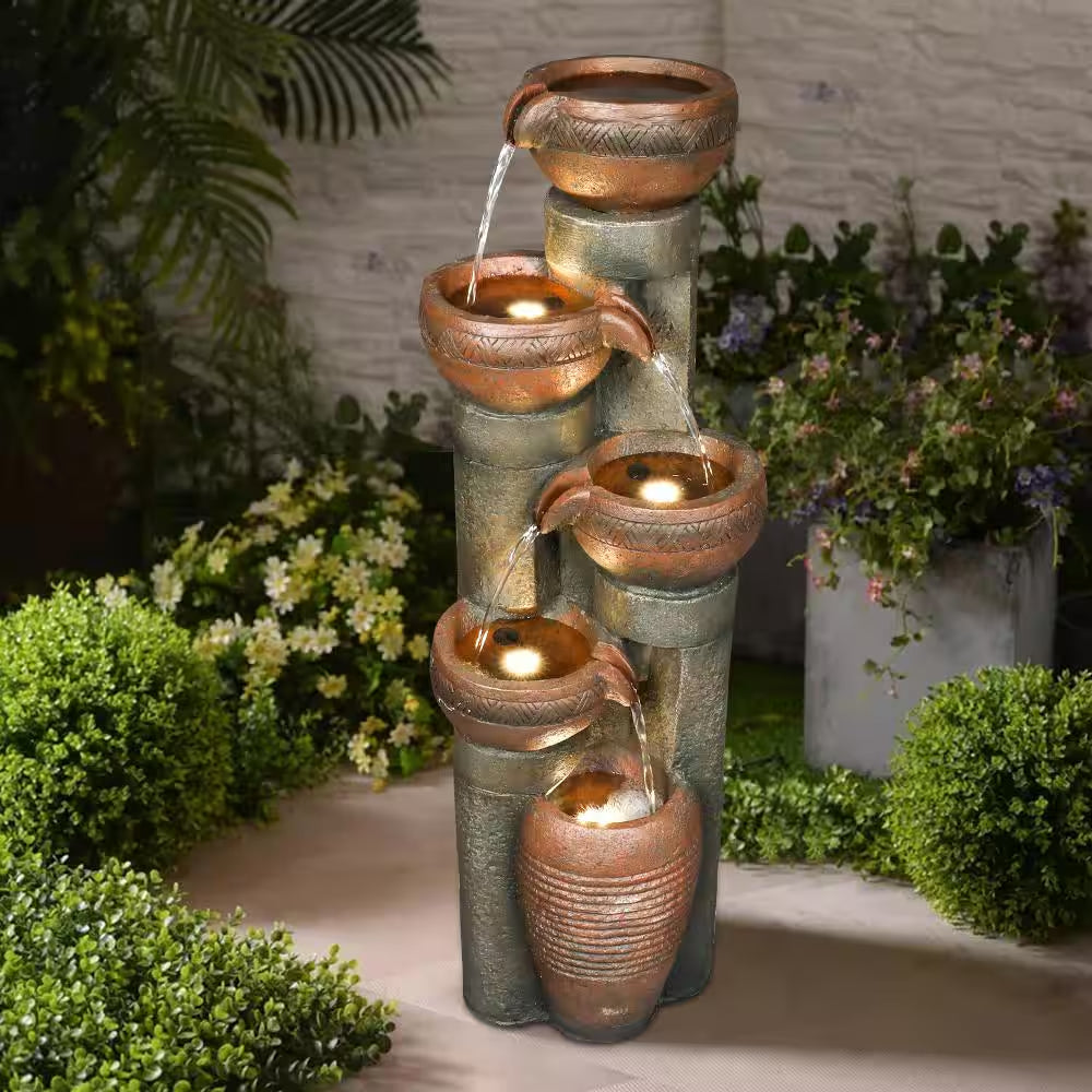39.7 In. 5-Tier Resin Fiberglass Relaxing Outdoor Indoor Garden Water Fountain with LED Lights for House Art Decor