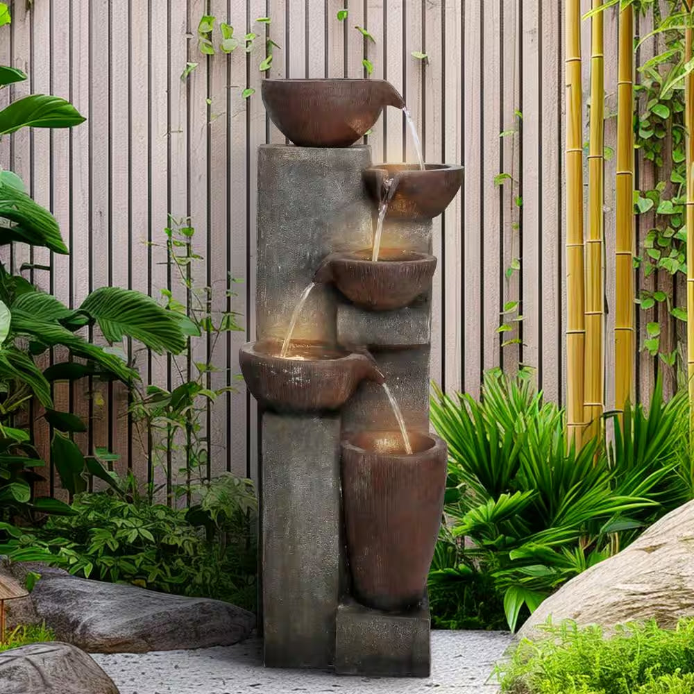 39.7 In. Resin Outdoor Fountain -5-Tier Modern Water Feature, Garden Waterfall Fountain with Lights for Patio, Yard