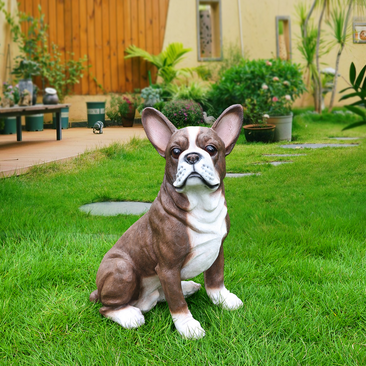Lifelike French Bulldog Statue, Realistic Resin Animal Figurine for Indoor Outdoor Garden Lawn Yard Home Decor, Art Craft Gift, Black+White