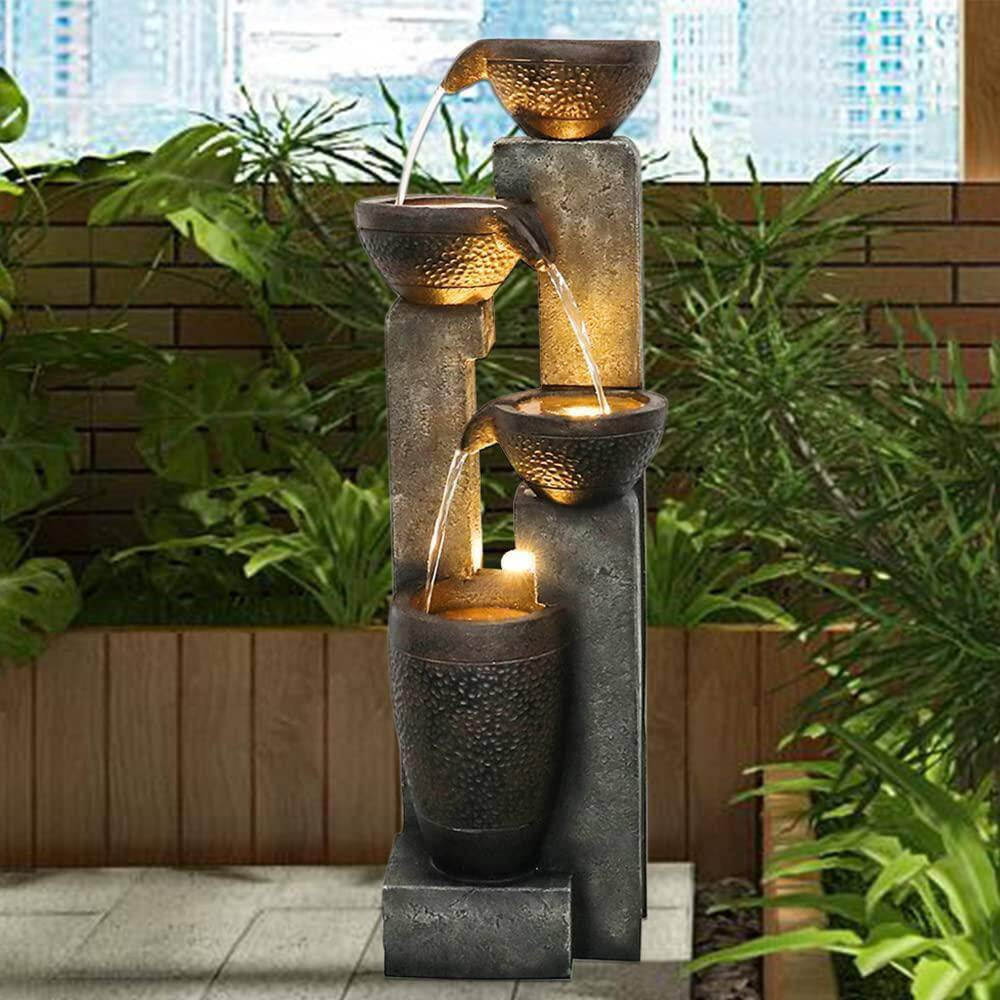 40 In. 4-Tier Resin Indoor Outdoor Fountain, LED Garden Fountain for Garden, Patio, Deck, Porch, Backyard, Home Decor
