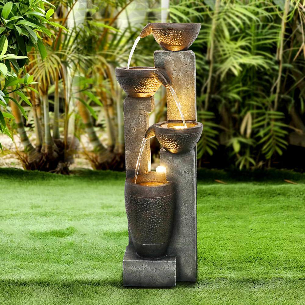40 In. Resin Fiber Modern Outdoor Fountain, 4-Tier Garden Water Feature W/Soothing Sounds & LED Lights for House Office