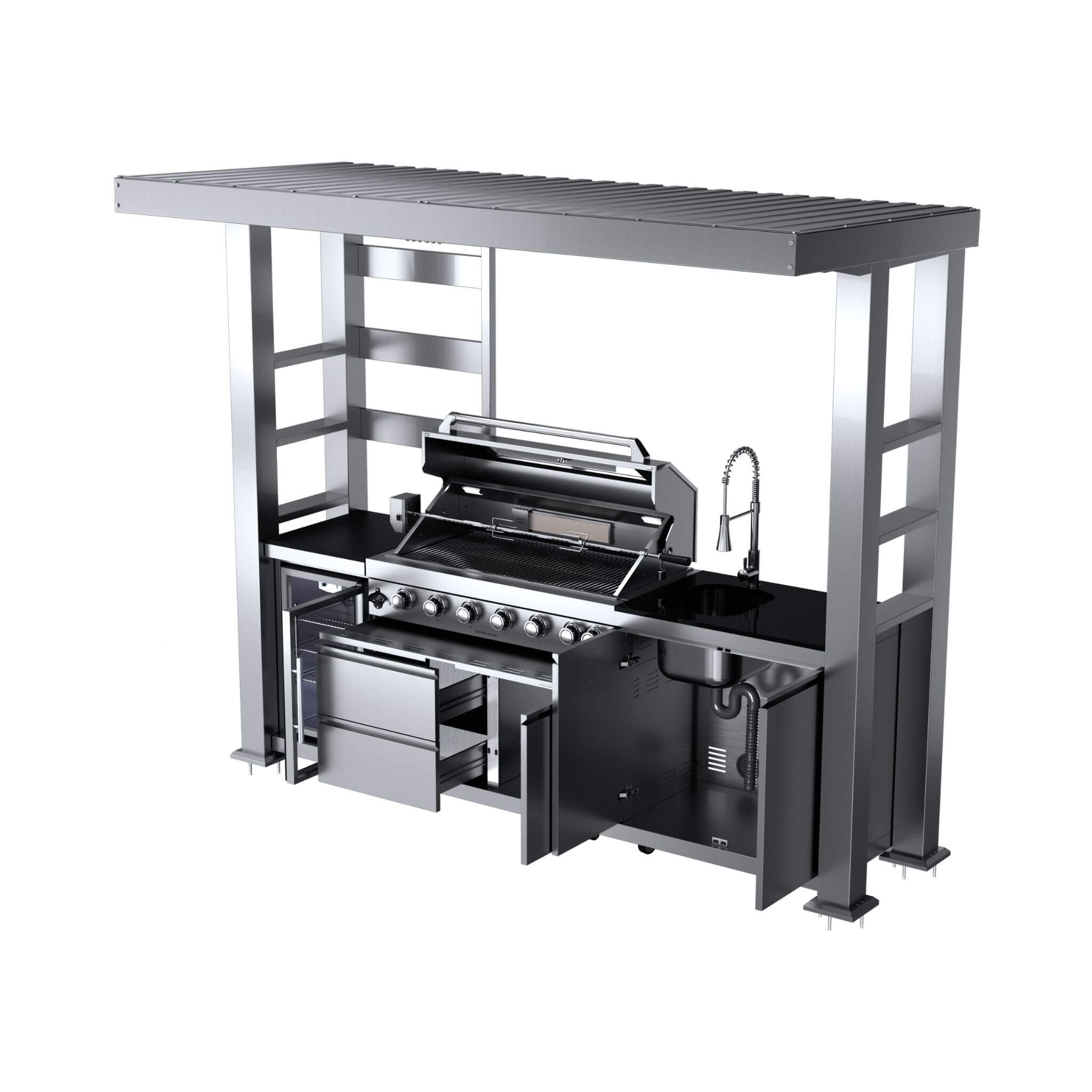 Castelle Flame Blaze 108-Inch 6-Burner 85K BTU Deluxe Stainless Steel Liquid Propane Outdoor Kitchen Grill Island With Wine Cooler, Rotisserie, Cabinets, And Granite Countertops