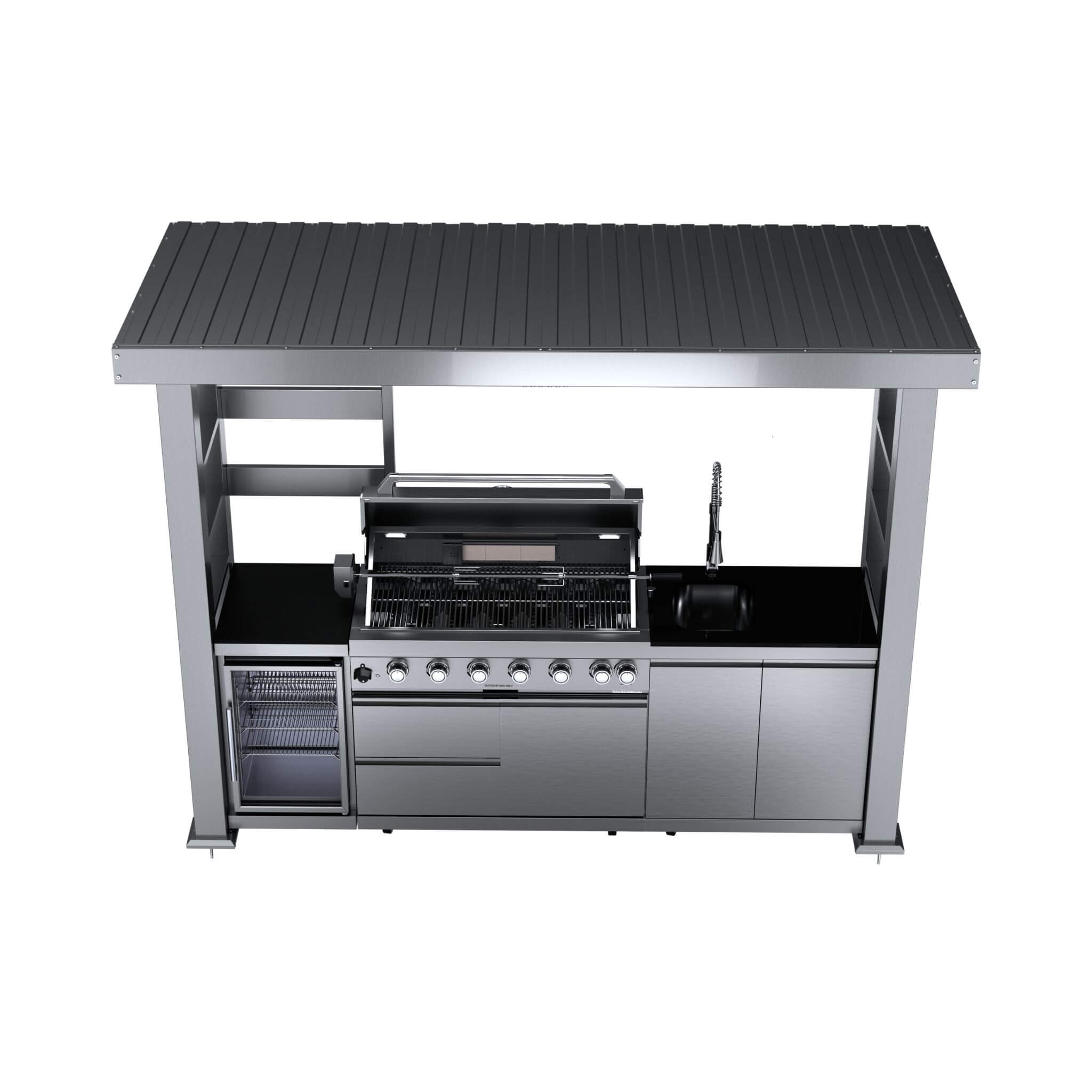 Castelle Flame Blaze 108-Inch 6-Burner 85K BTU Deluxe Stainless Steel Liquid Propane Outdoor Kitchen Grill Island With Wine Cooler, Rotisserie, Cabinets, And Granite Countertops
