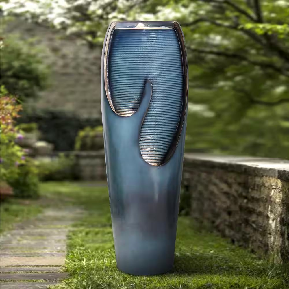 38.7In. Resin Outdoor Fountain and Waterfall -Indoor Water Jar Fountain Tall Floor with LED Lightandpump for House Decor