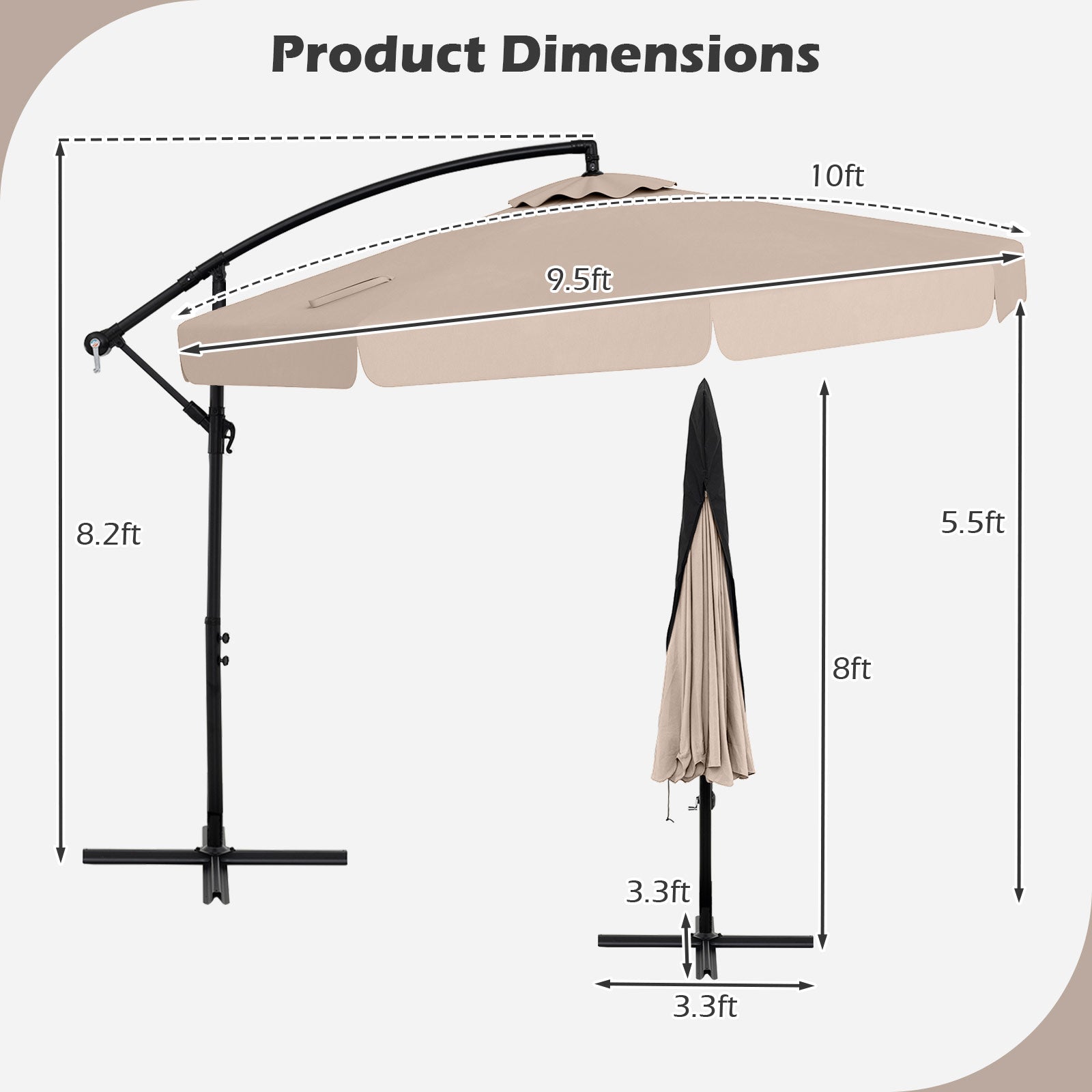 10 Feet Patio Cantilever Umbrella with Cover Tilt Adjustment and Ruffled Edge-Beige