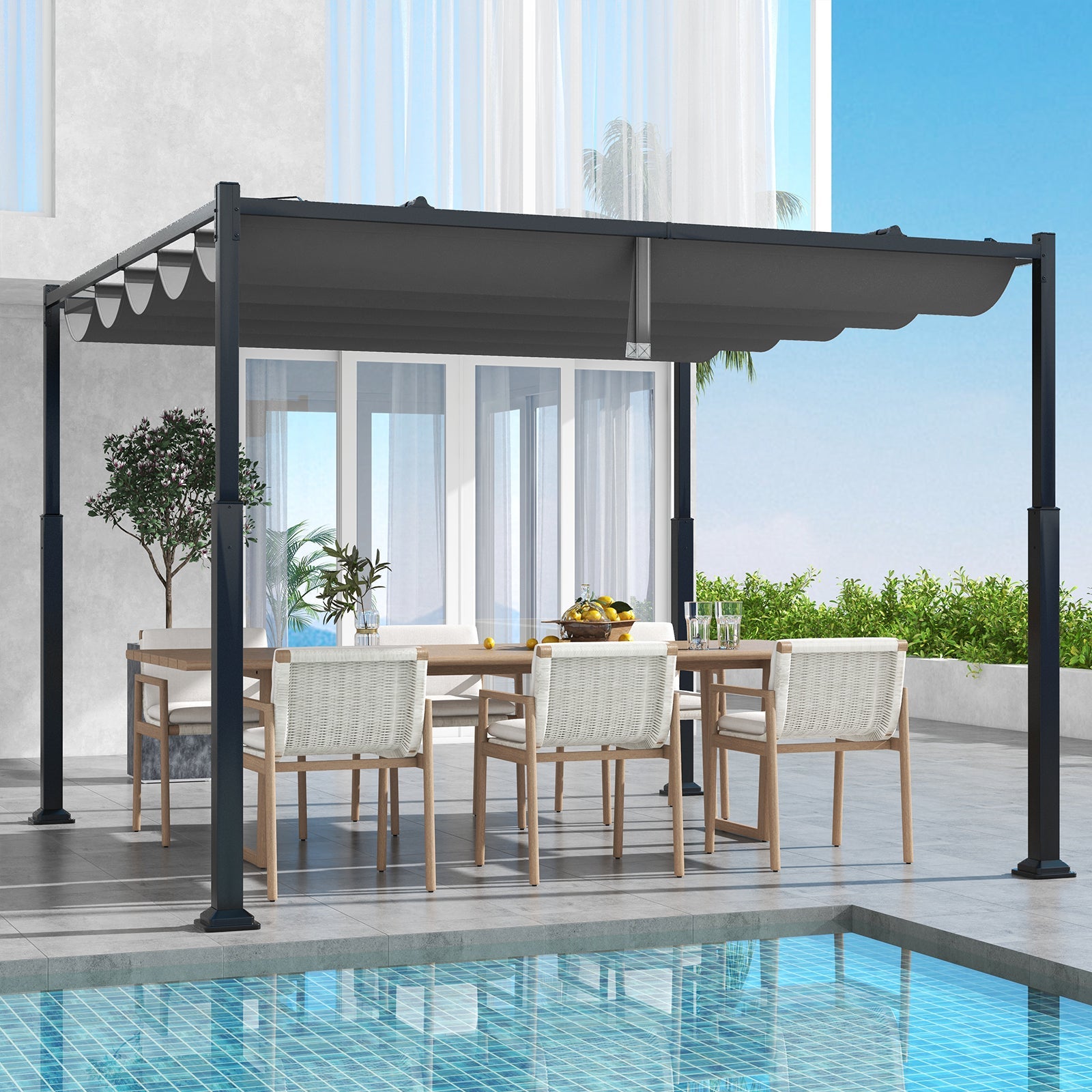 10 x 10 Feet Outdoor Pergola with Retractable Canopy and Metal Columns-Gray