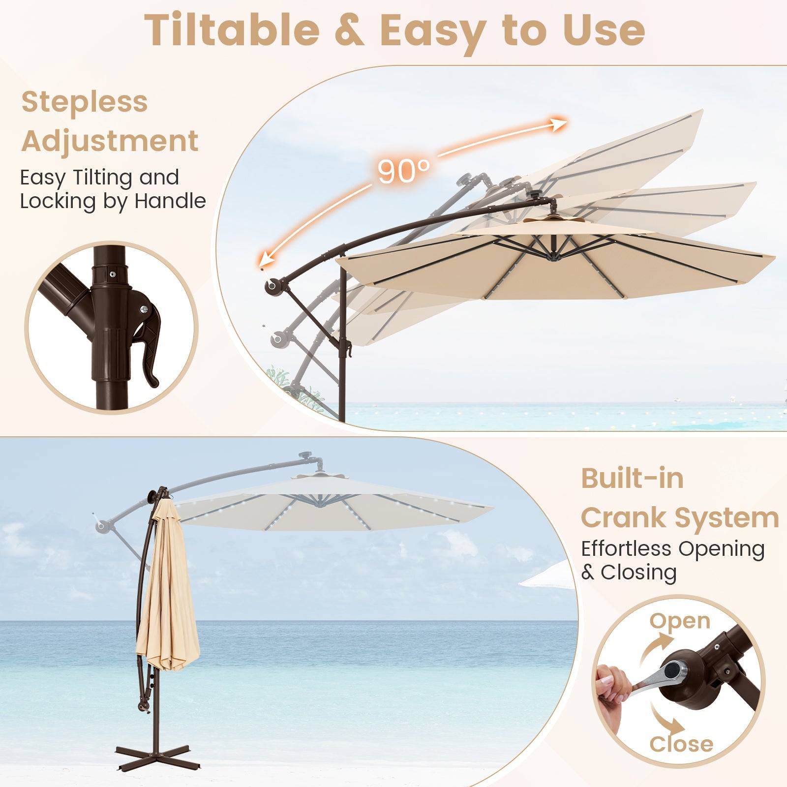 10 Feet Cantilever Umbrella with 32 LED Lights and Solar Panel Batteries-Beige