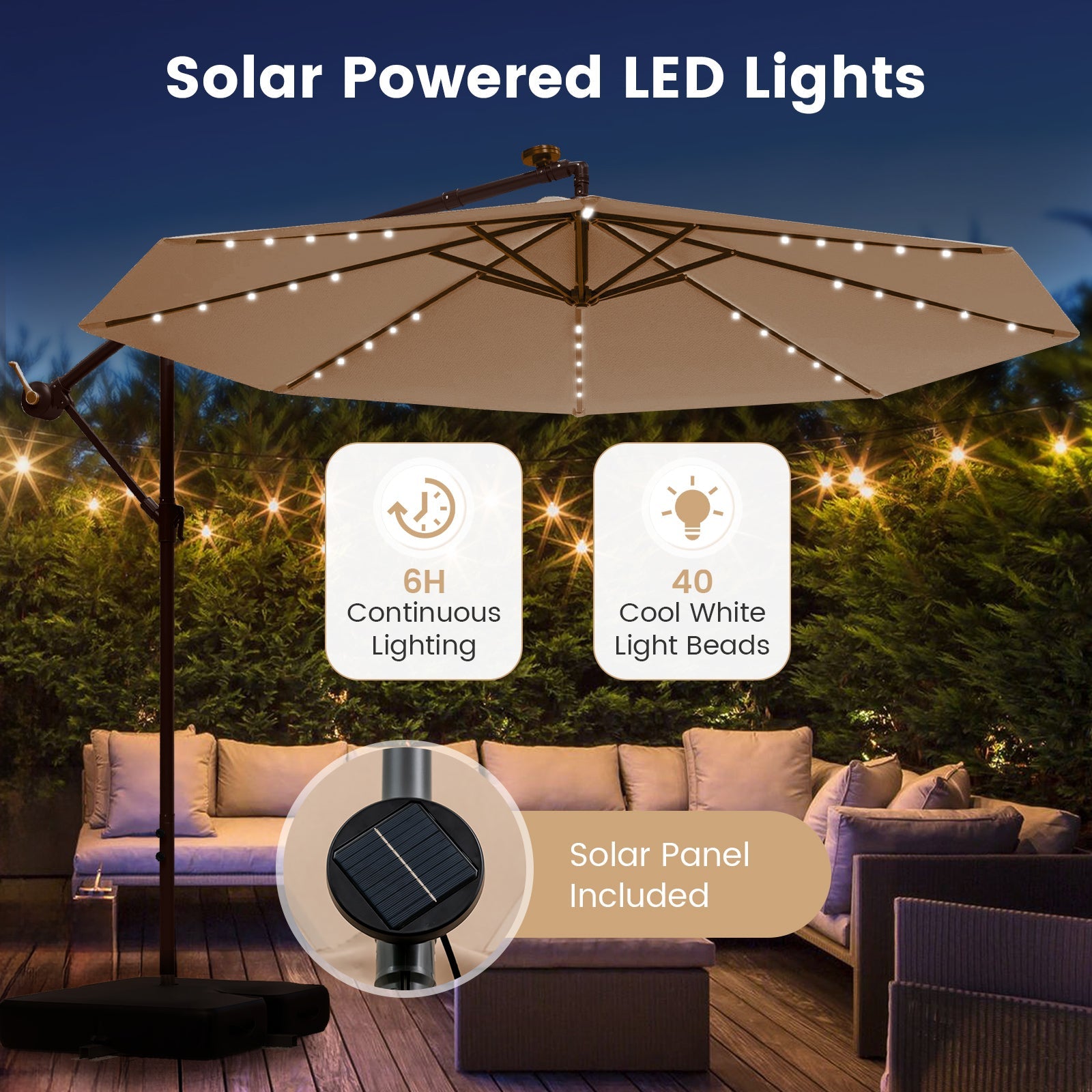 10 Feet Cantilever Umbrella with 32 LED Lights and Solar Panel Batteries-Beige