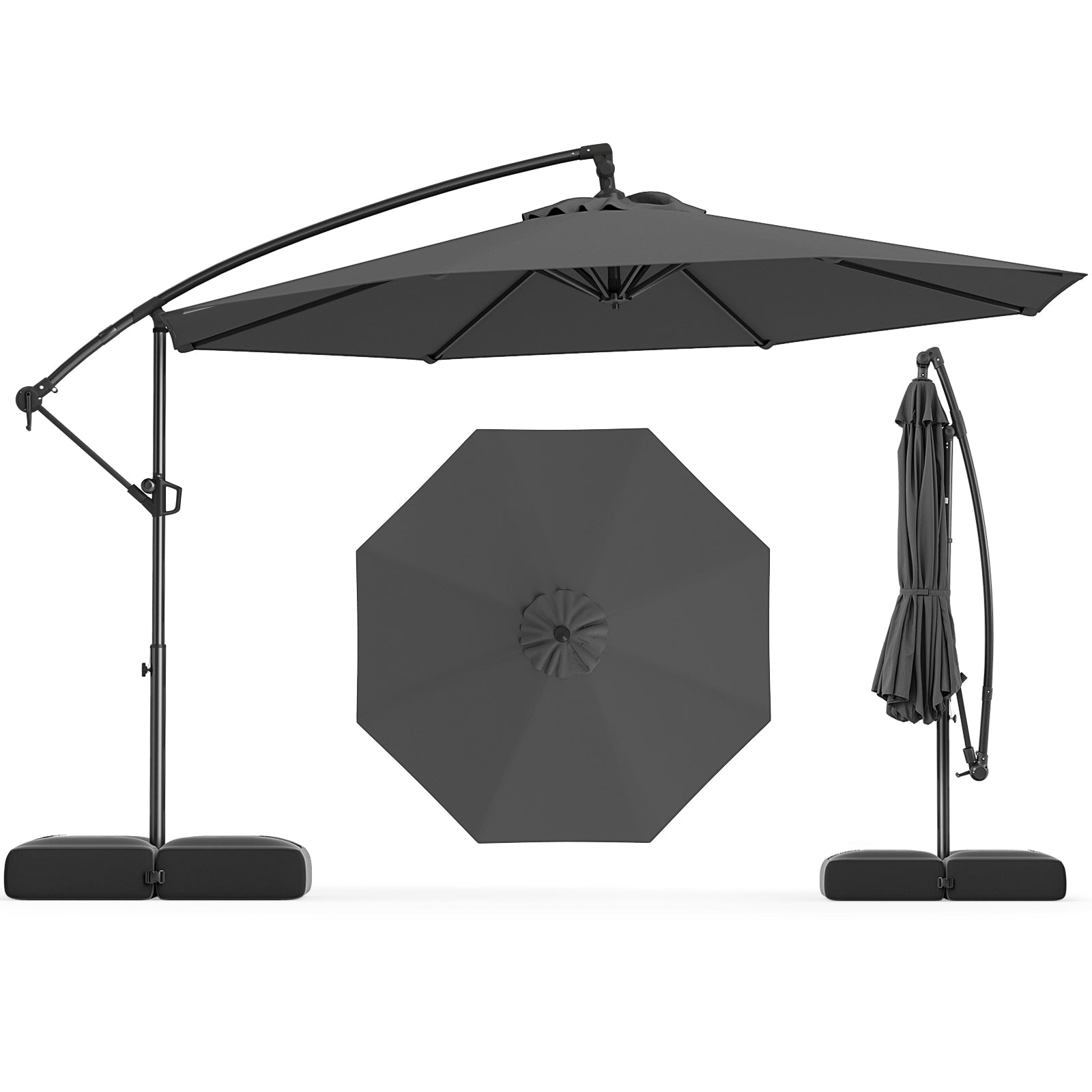 10 Feet Offset Hanging Umbrella with Base Patio Cantilever Umbrella with Tilt-Gray