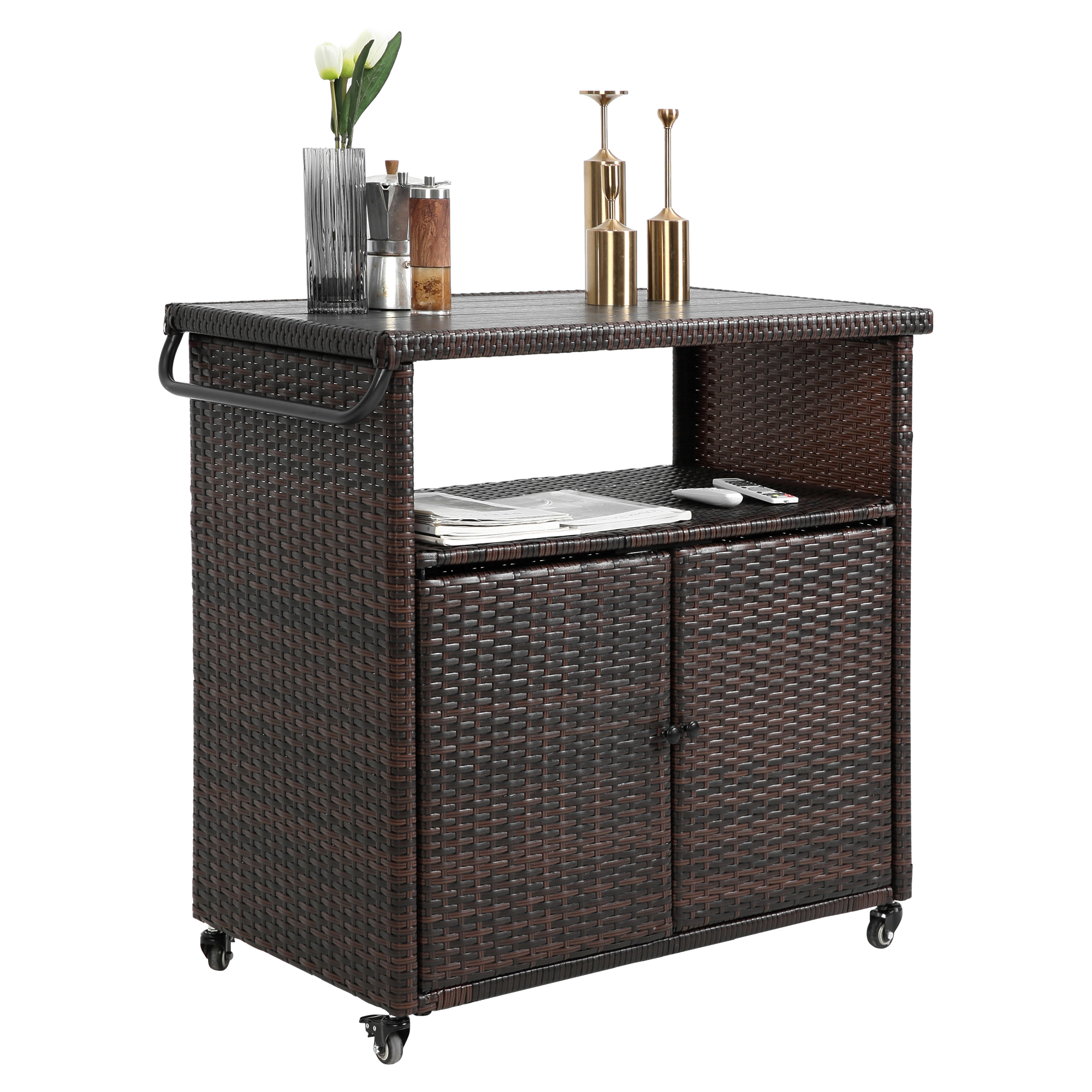 Outdoor Wicker Bar Cart with Glass Top and Wheels - Light Brown