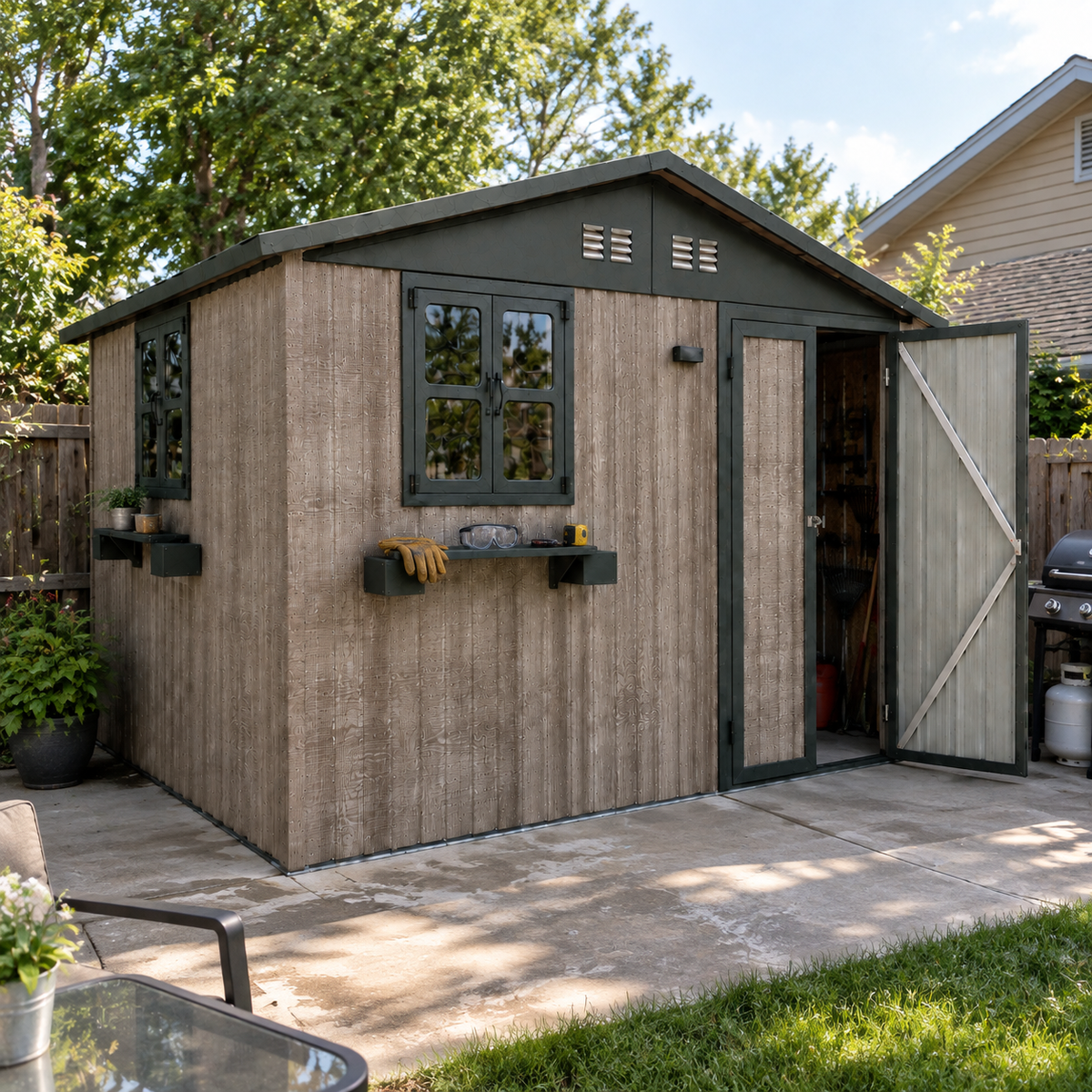 10x8 FT Outdoor Metal Storage Shed with Window & Flower Rack, Lockable Double Doors Tool Shed, Waterproof Weatherproof Garden Shed for Backyard Patio,Grey+Black.