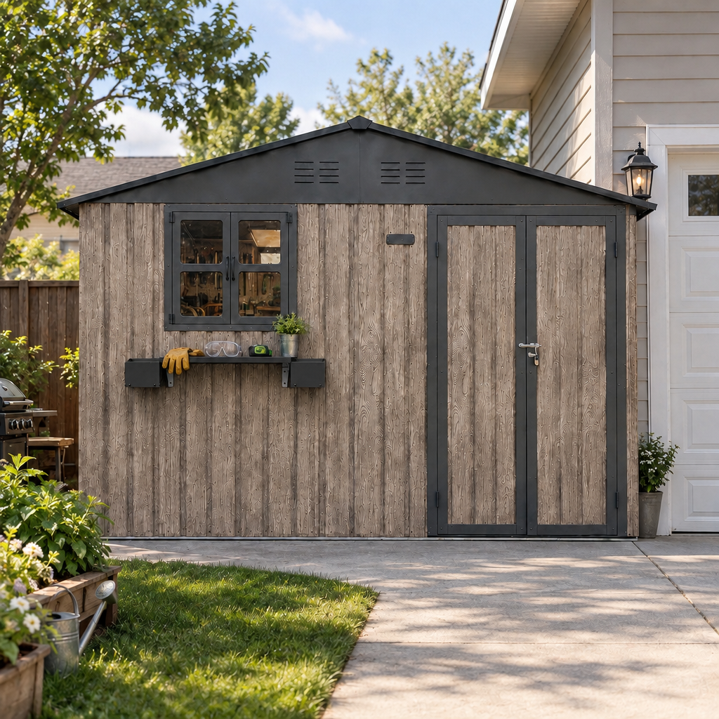 10x8 FT Outdoor Metal Storage Shed with Window & Flower Rack, Lockable Double Doors Tool Shed, Waterproof Weatherproof Garden Shed for Backyard Patio,Grey+Black.