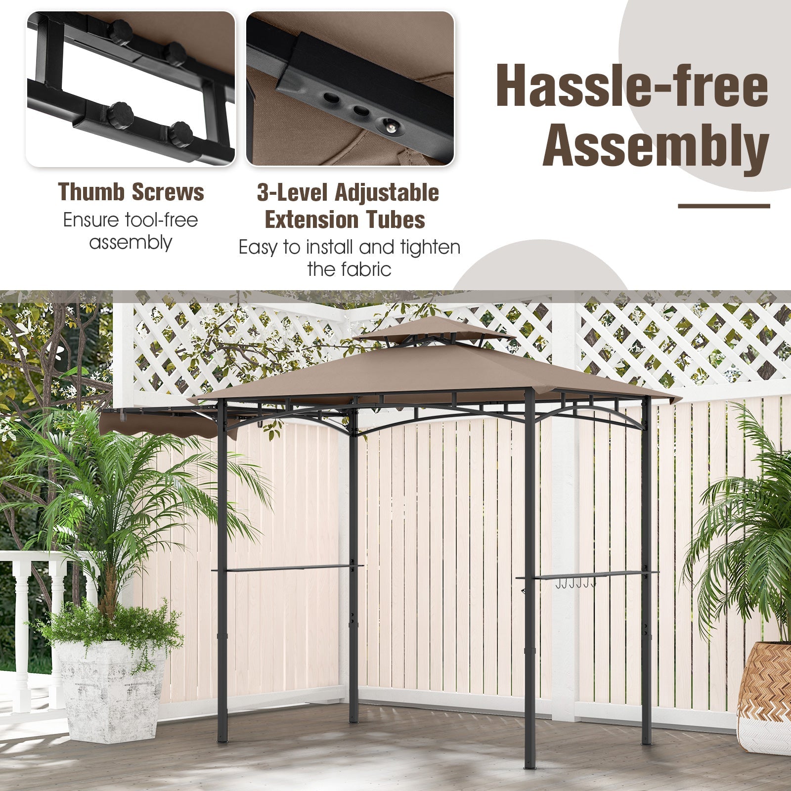 11 x 5 FT Grill Gazebo with Side Awning and Double-Tiered Top-Brown