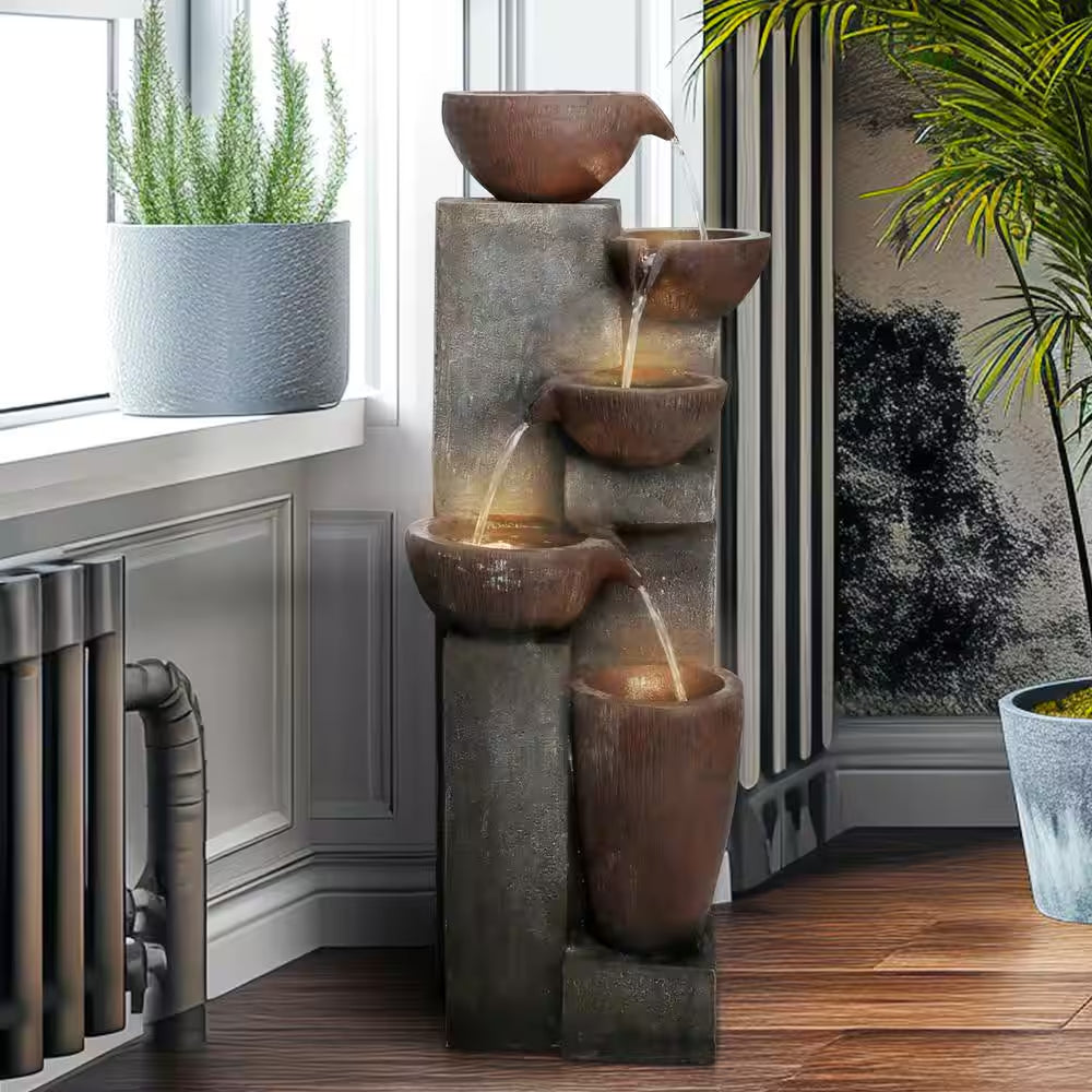 39.7 In. Resin Outdoor Fountain -5-Tier Modern Water Feature, Garden Waterfall Fountain with Lights for Patio, Yard