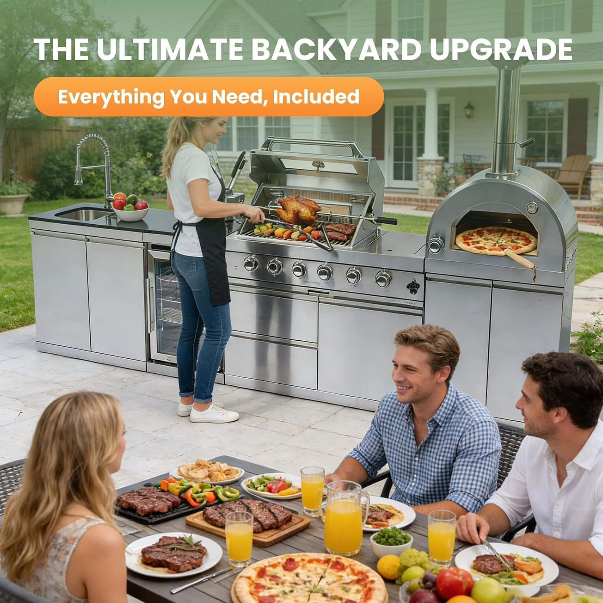 Blazon 125-Inch 4-Burner 108K BTU Outdoor Kitchen Island With Pizza Oven, Rotisserie & Refrigerator