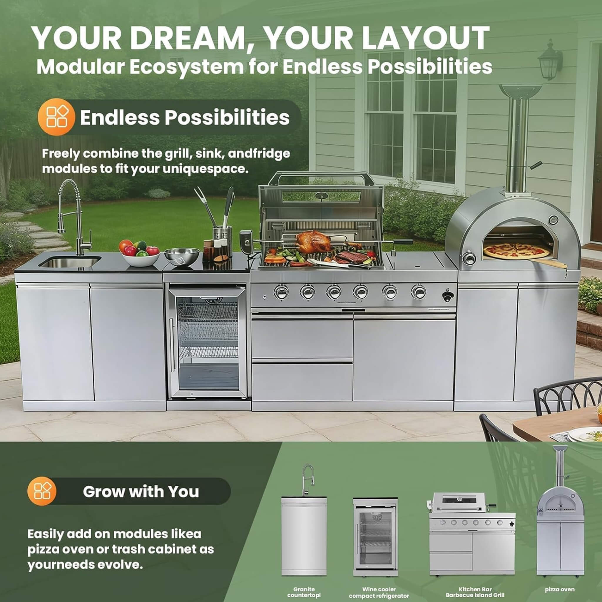 Blazon 125-Inch 4-Burner 108K BTU Outdoor Kitchen Island With Pizza Oven, Rotisserie & Refrigerator