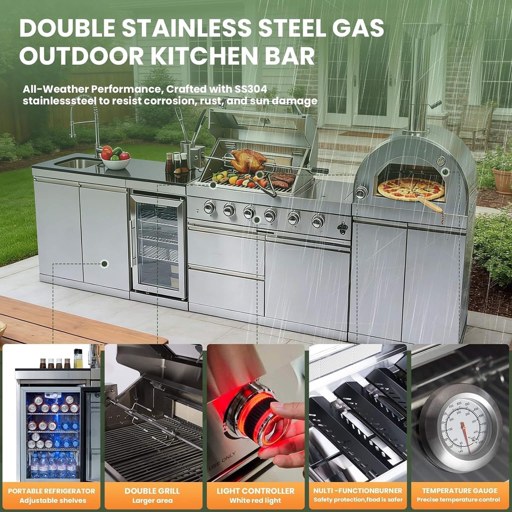 Blazon 125-Inch 4-Burner 108K BTU Outdoor Kitchen Island With Pizza Oven, Rotisserie & Refrigerator