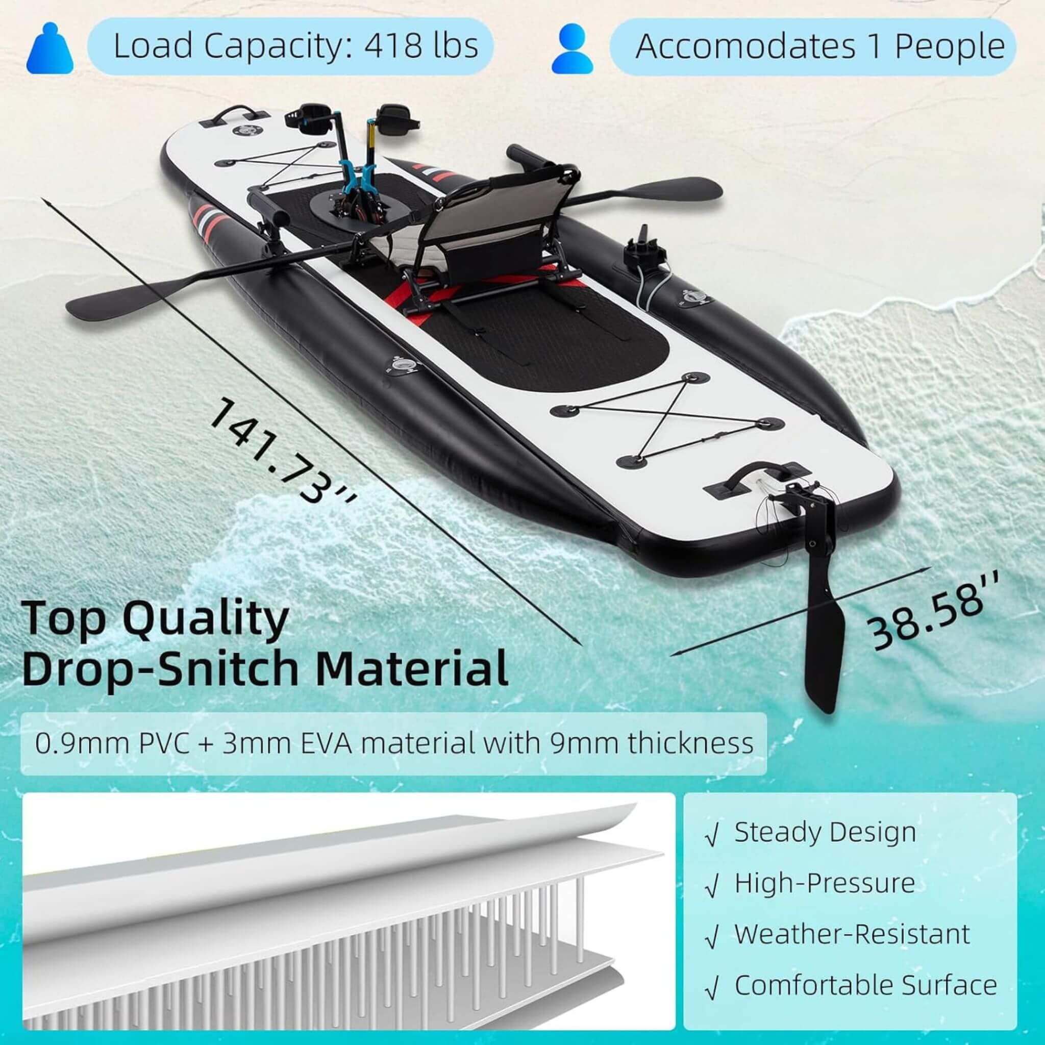 Premium 12FT Lightweight Inflatable Fishing Kayak With Pedal System