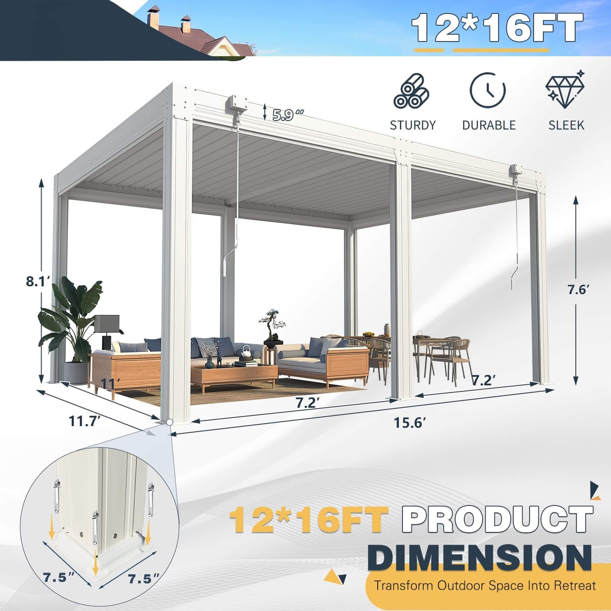 Alora White Louvered Aluminum Pergola With Adjustable Roof And Pull-Down Screens (SAK46817)