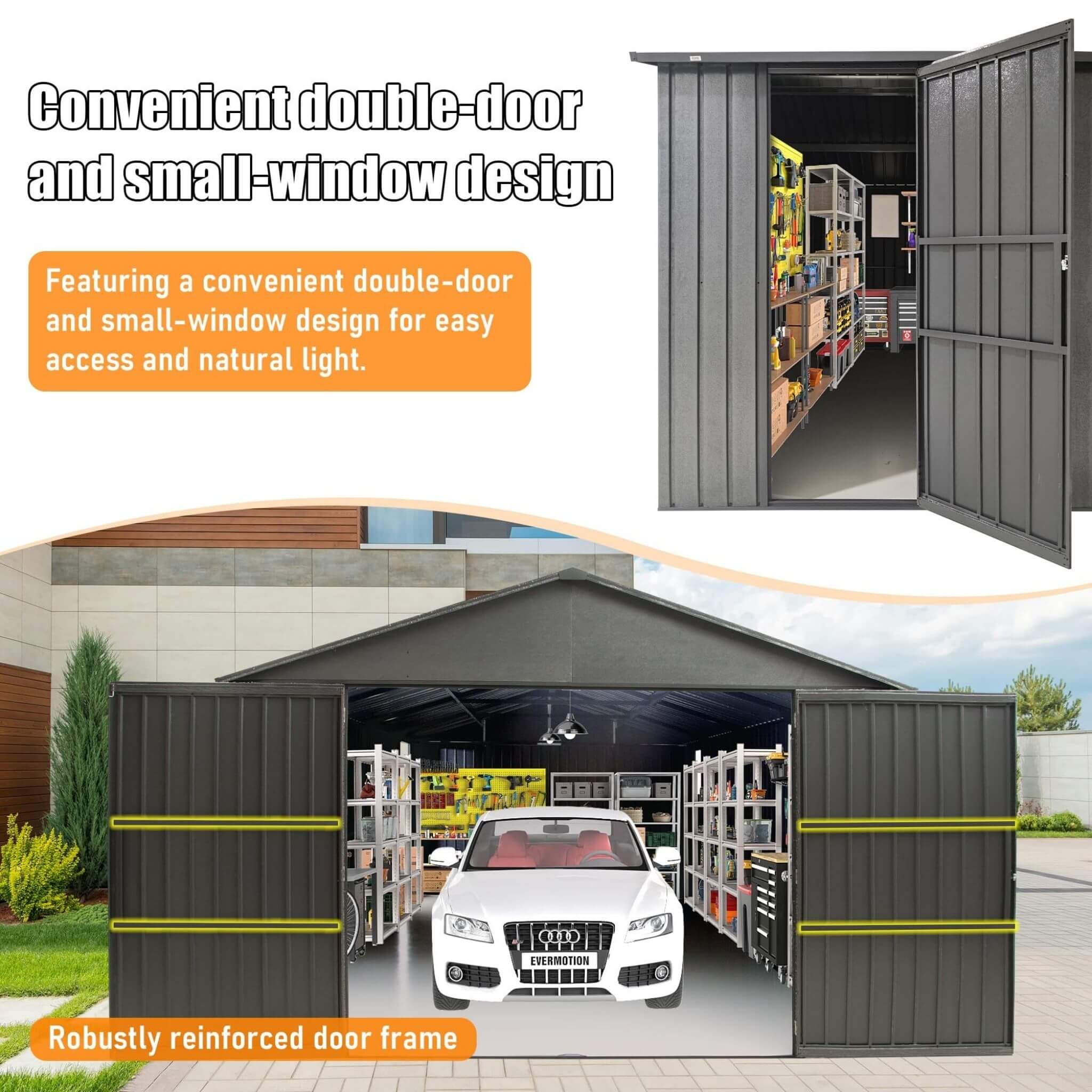 Alora Extra Large Heavy-Duty Outdoor Metal Carport Garage Shed With Lockable Double Hinged Doors