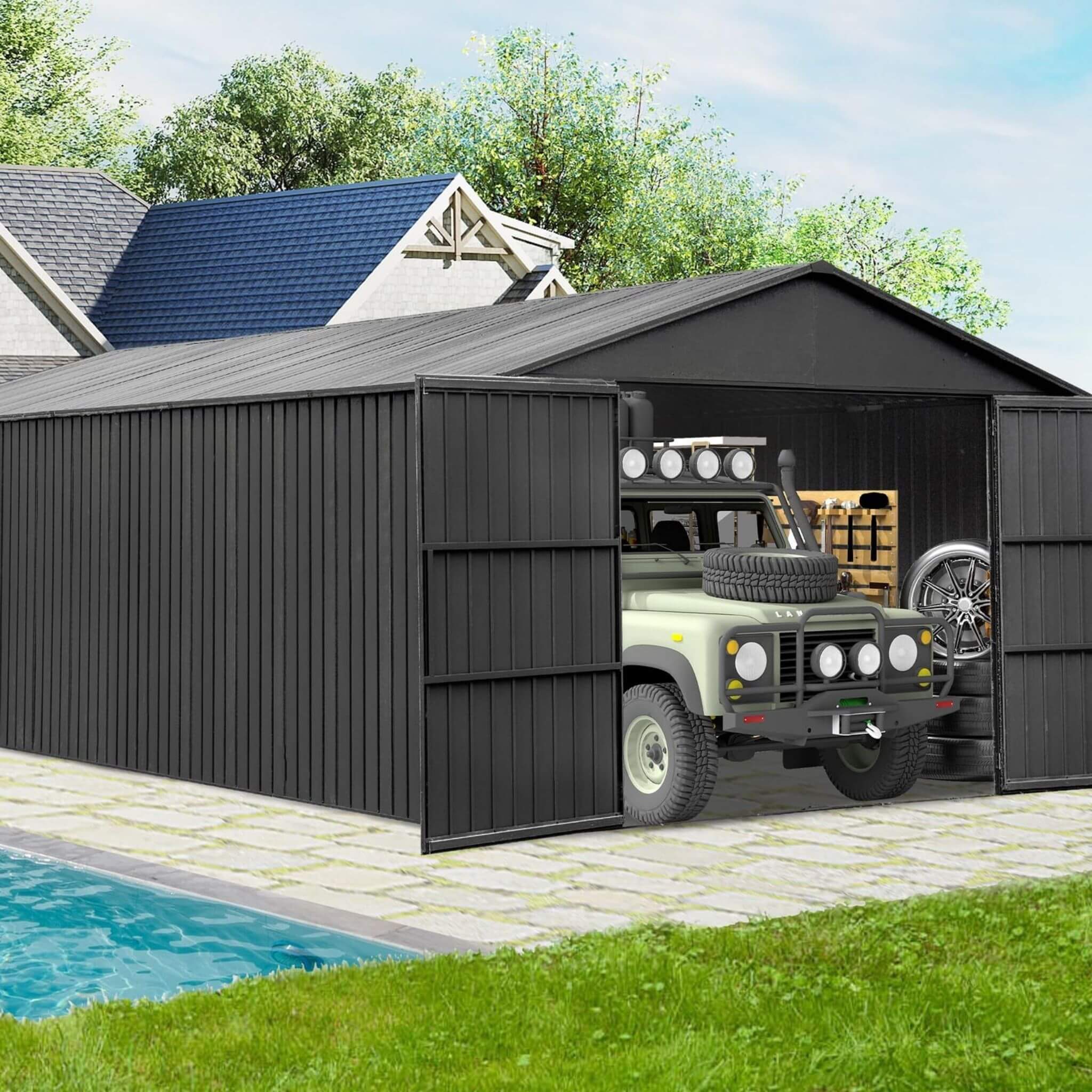 Alora Extra Large Heavy-Duty Outdoor Metal Carport Garage Shed With Lockable Double Hinged Doors