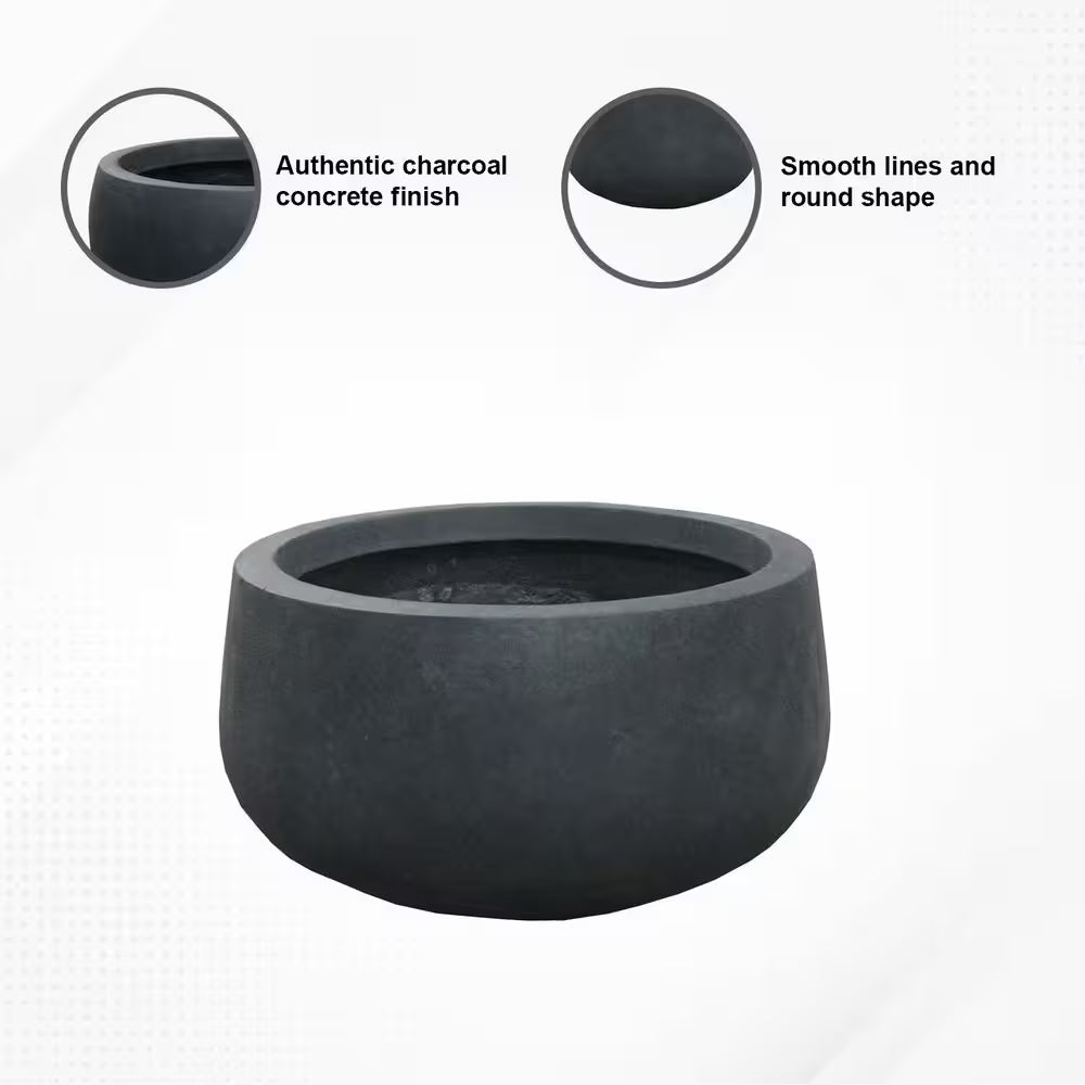 Medium 10 In. Tall Charcoal Lightweight Concrete round Outdoor Bowl Planter