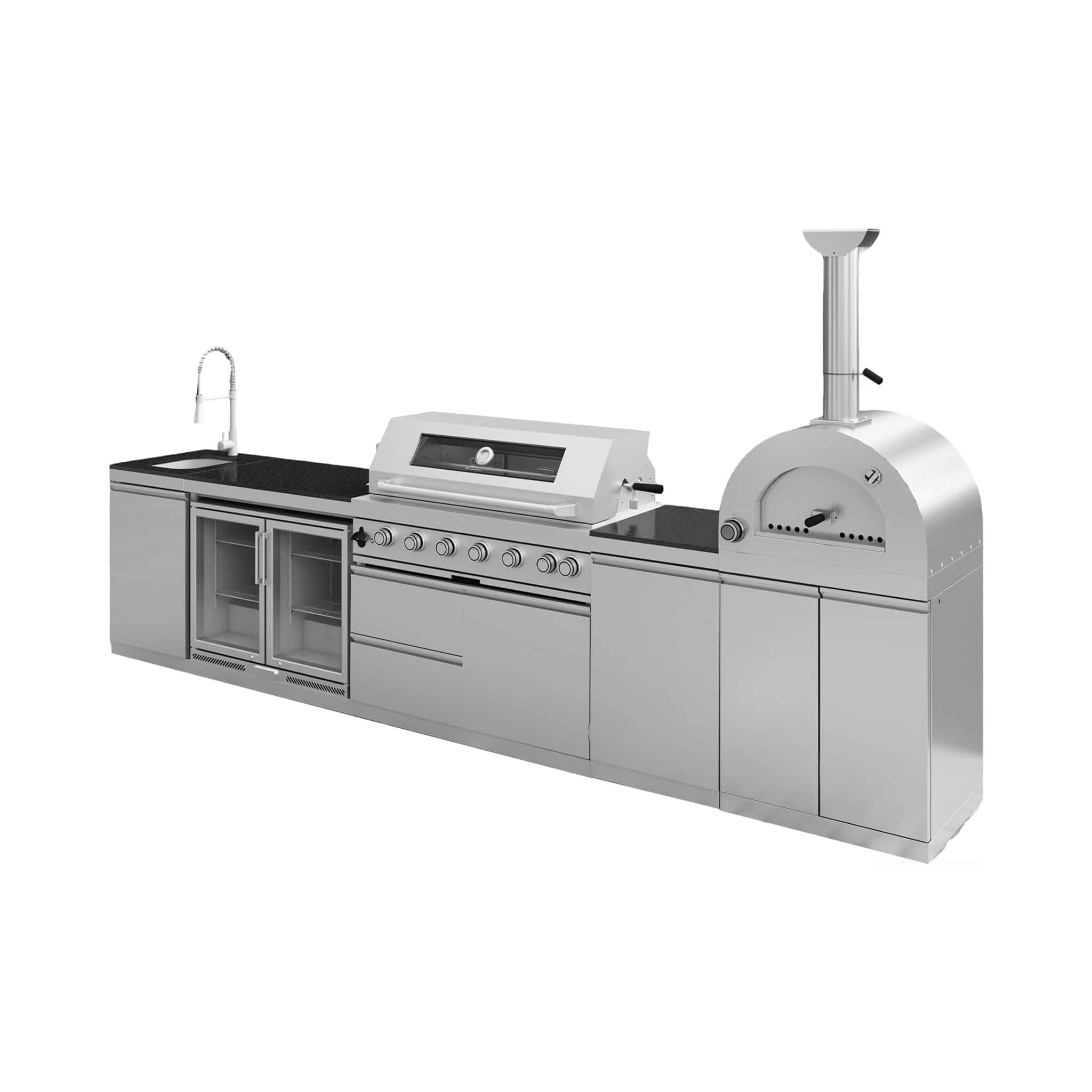 Blazon 147-Inch 6-Burner 120K BTU Outdoor Kitchen Island With Pizza Oven, Rotisserie & Refrigerator