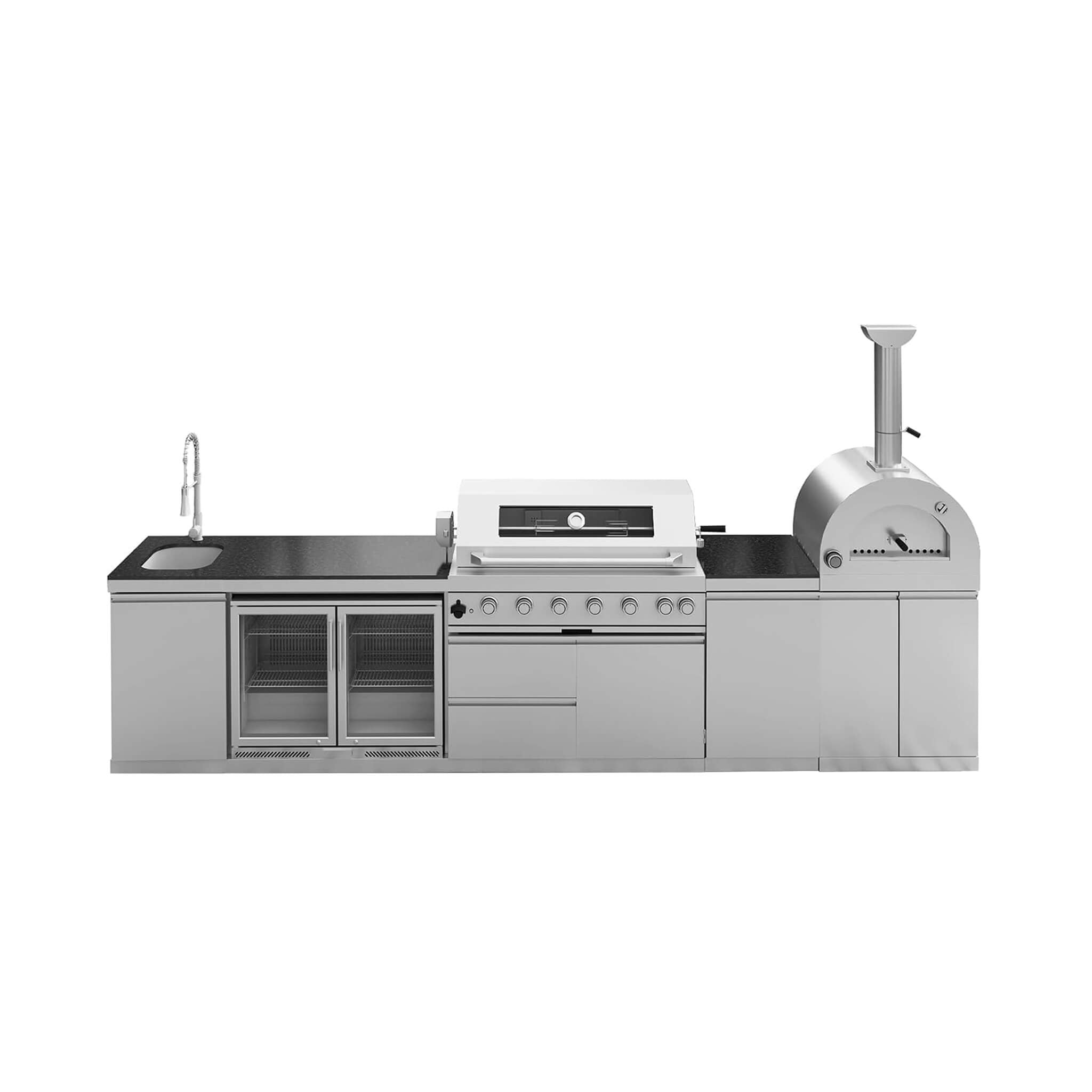 Blazon 147-Inch 6-Burner 120K BTU Outdoor Kitchen Island With Pizza Oven, Rotisserie & Refrigerator
