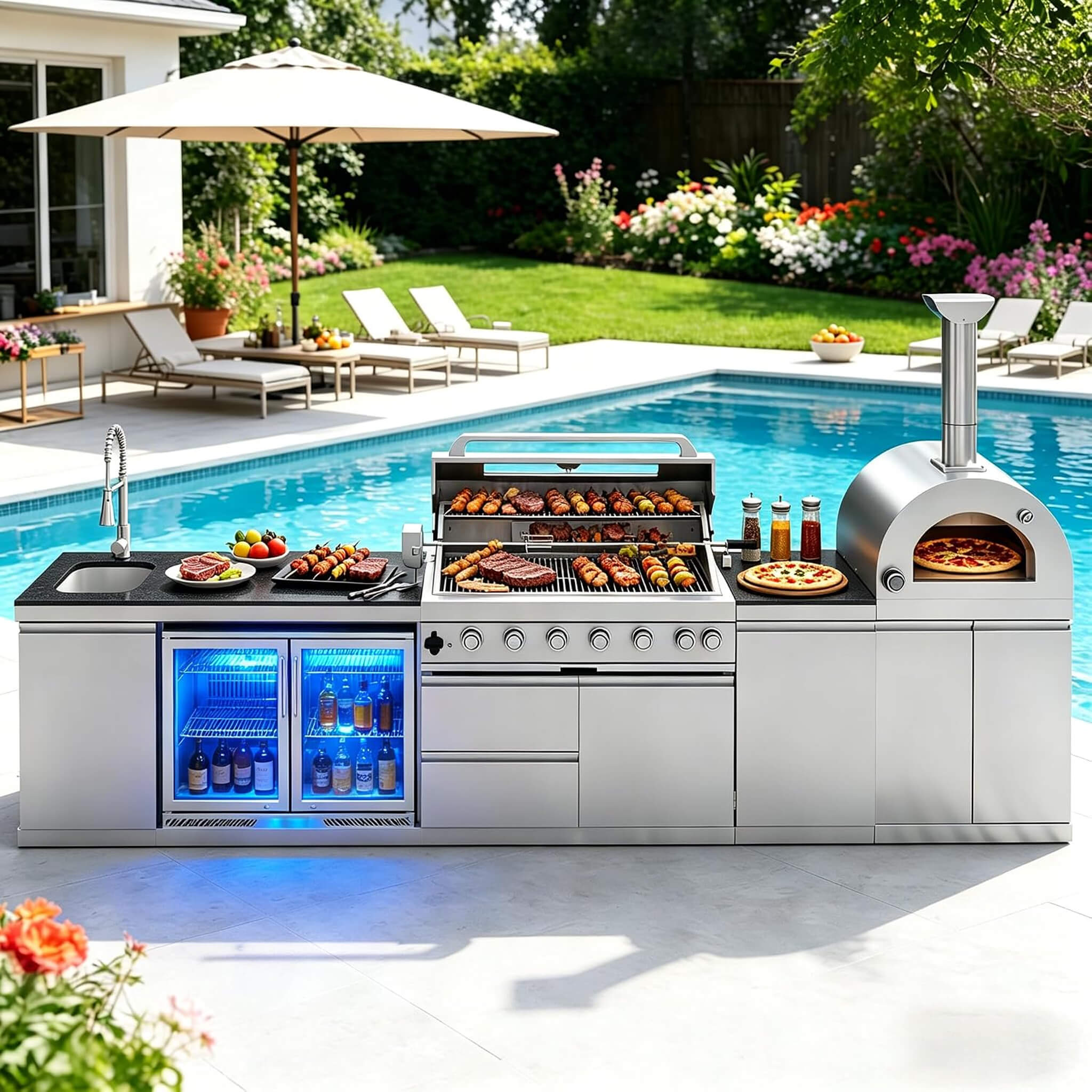 Blazon 147-Inch 6-Burner 120K BTU Outdoor Kitchen Island With Pizza Oven, Rotisserie & Refrigerator
