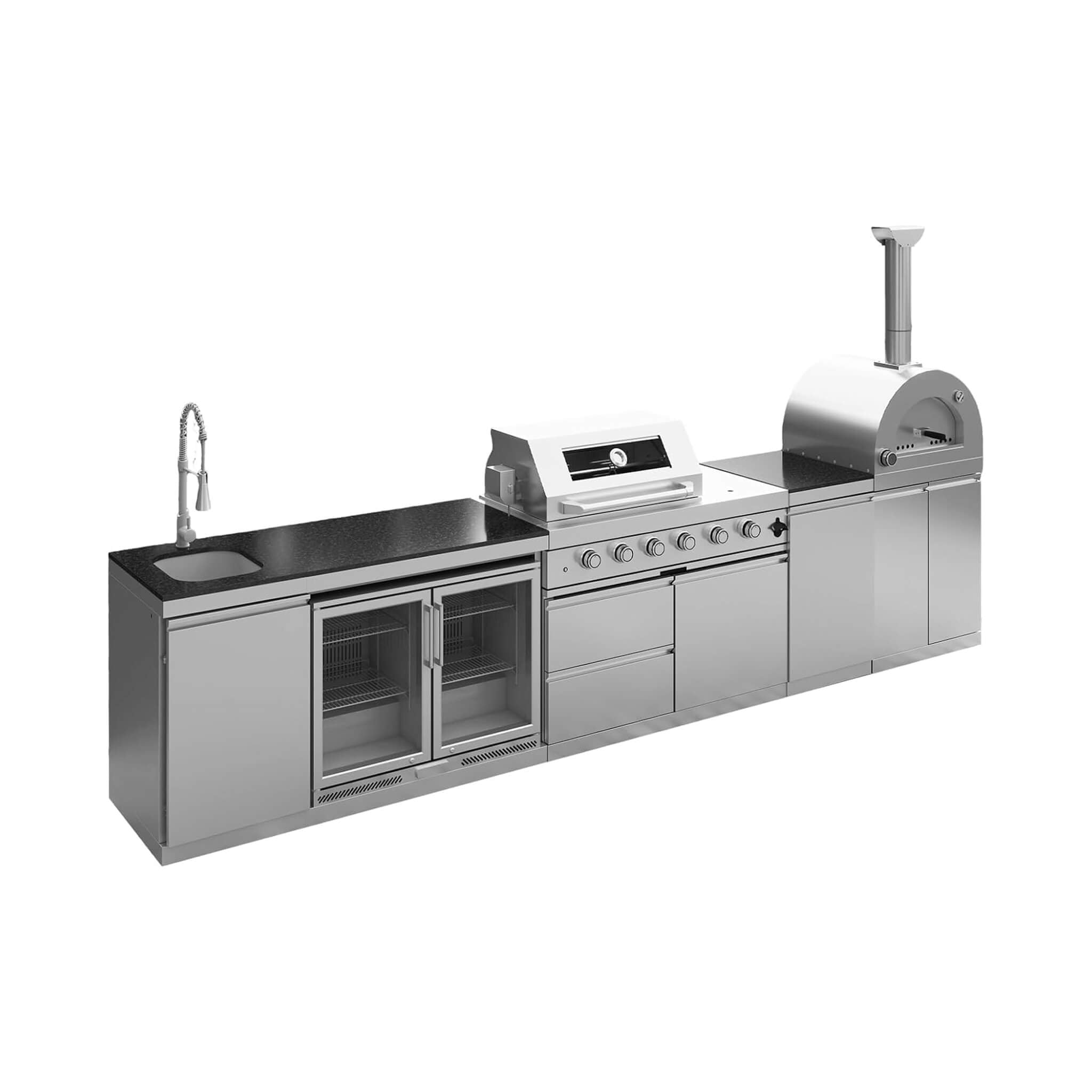 Blazon 150-Inch 4-Burner 108K BTU Outdoor Kitchen Island With Pizza Oven, Rotisserie & Refrigerator