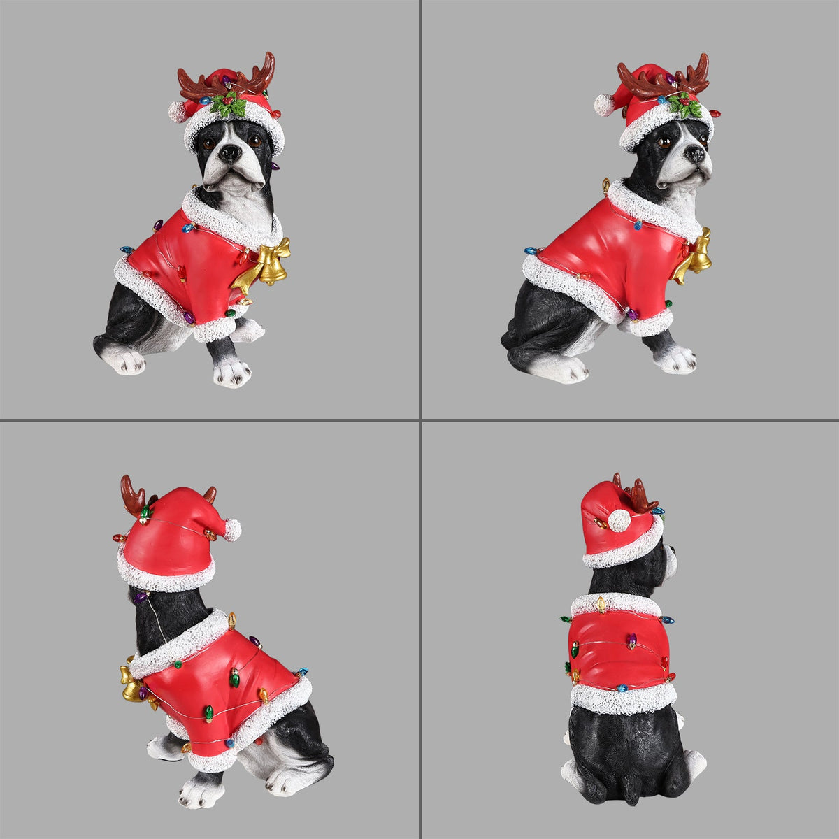 Christmas Boston Terrier Statue with Santa Outfit - Red & White