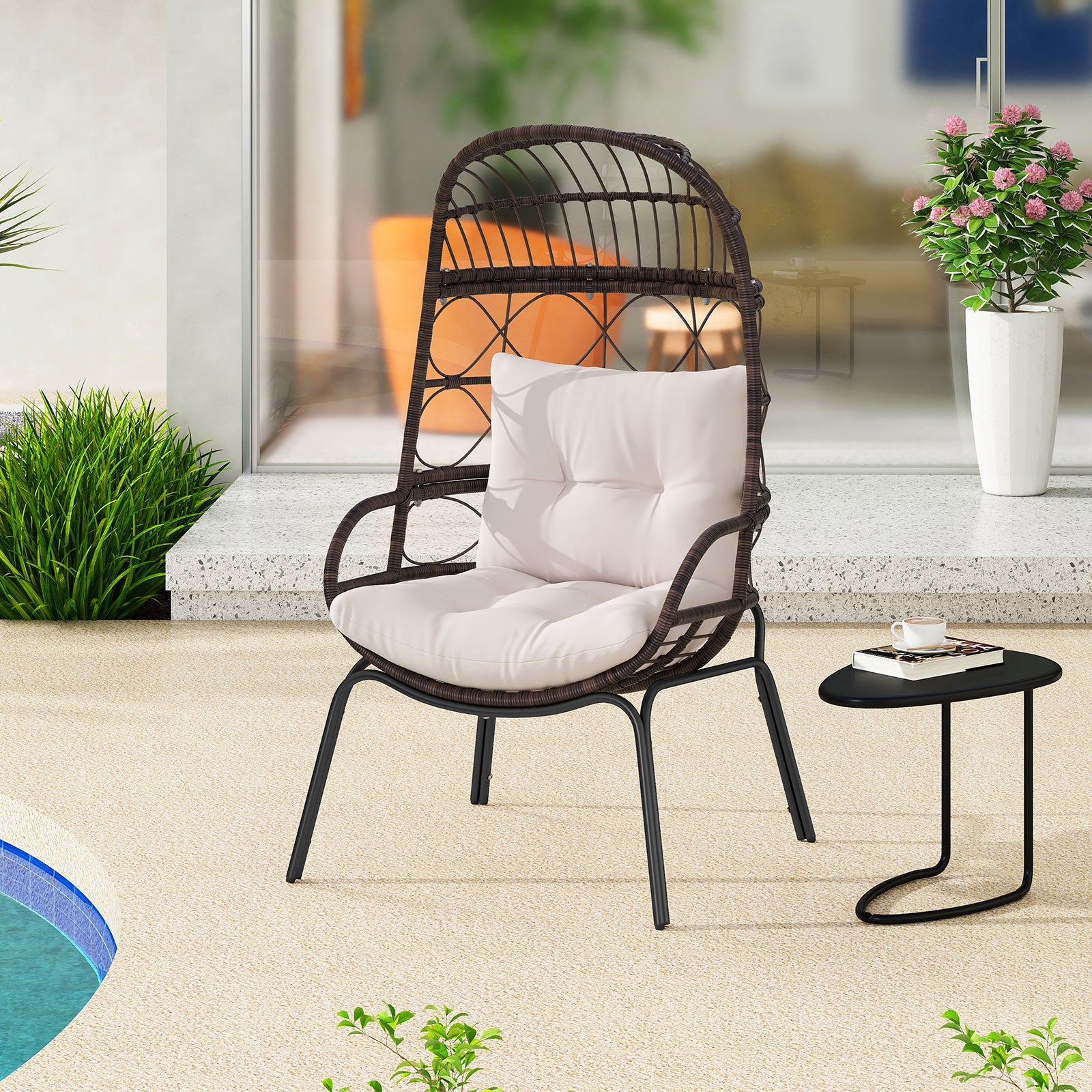 Patio Wicker Egg Chair Outdoor Rattan Lounge Basket with Seat and Back Cushions-Brown