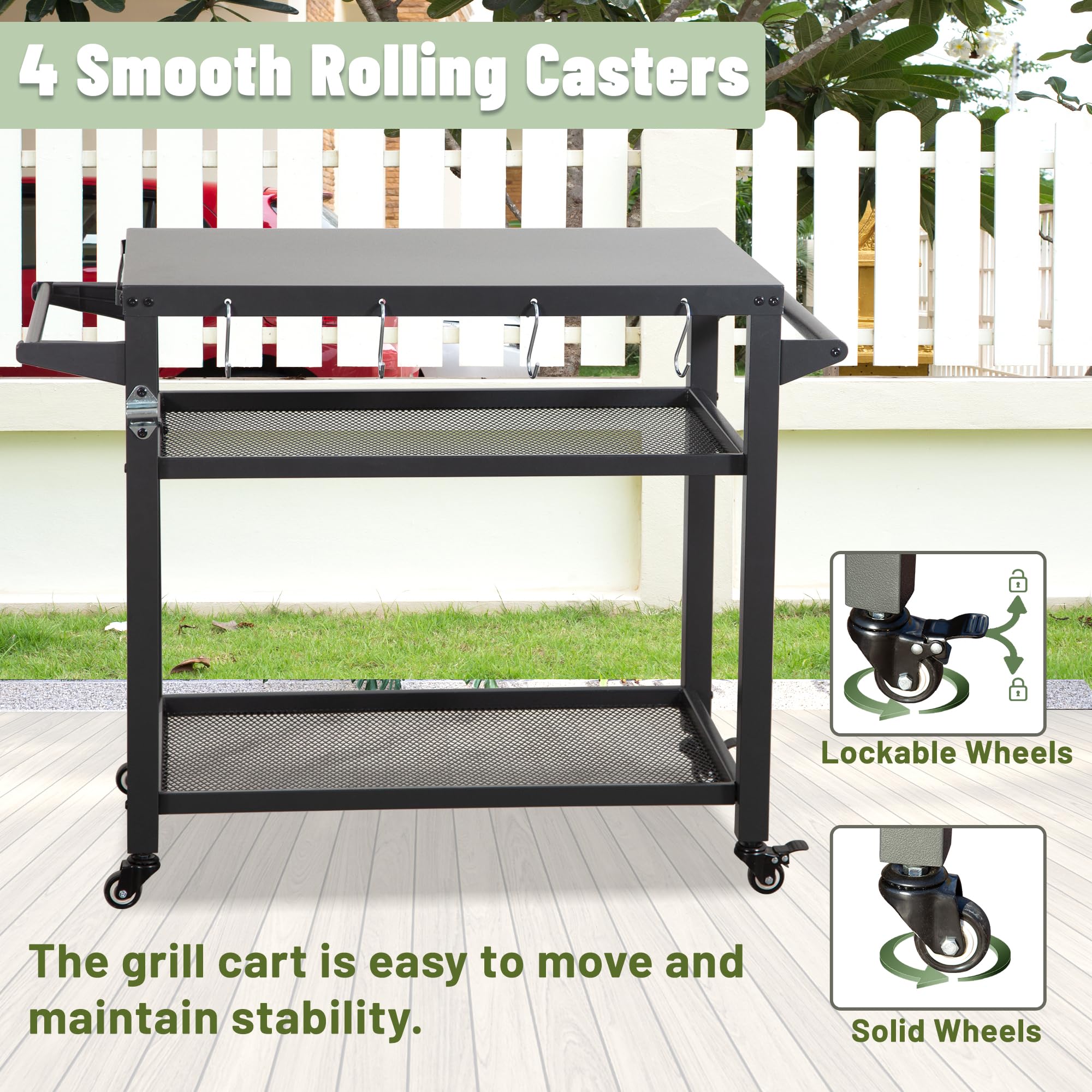 3-Shelf Outdoor Grill Table with Wheels and Propane Tank Hook
