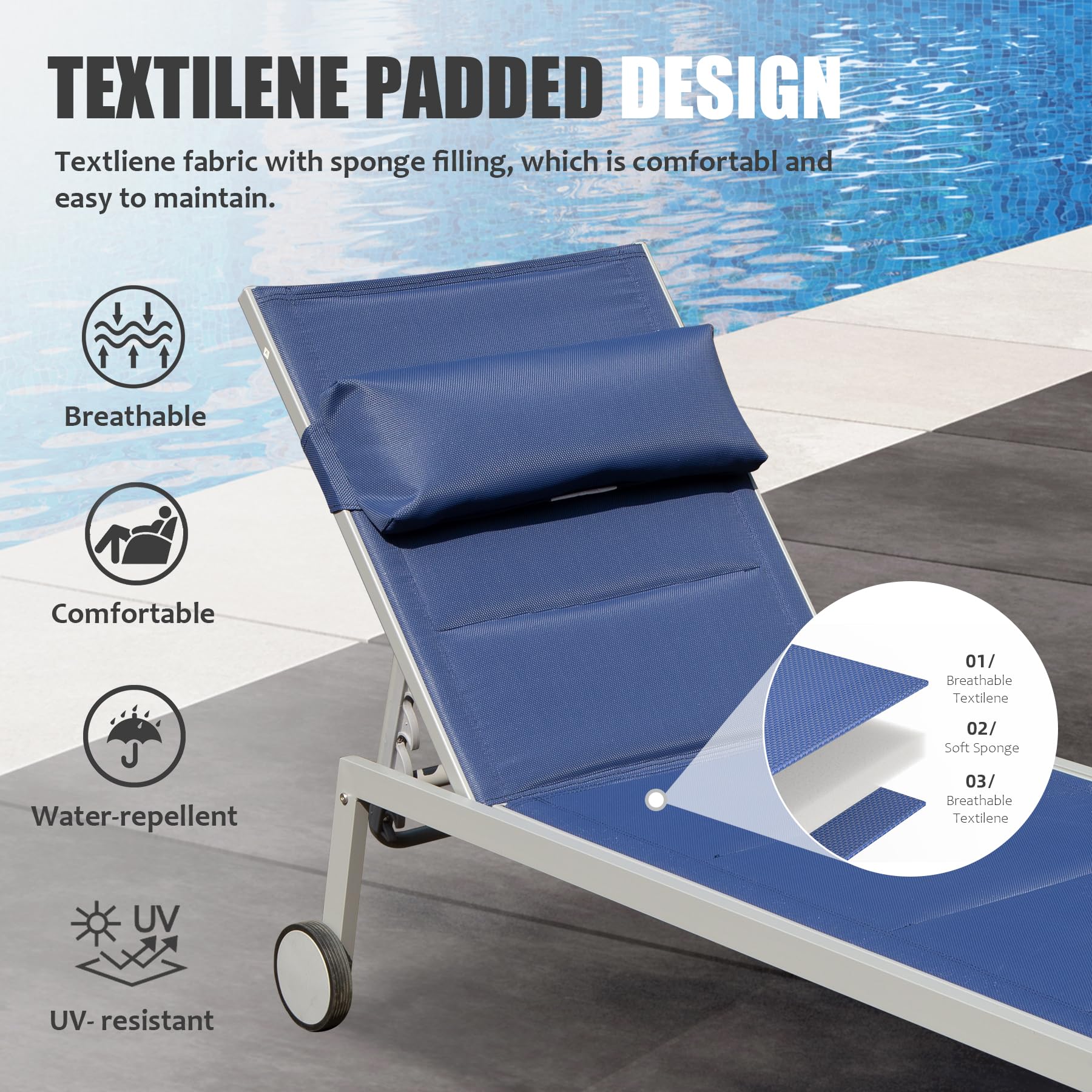 Outdoor Patio Chaise Lounge Set of 3, Aluminum Pool Lounge Chairs with Side Table and Wheels