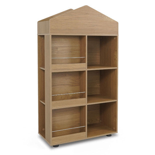 Kids Bookshelf and Toy Storage Organizer 4-Tier House-Shaped Toddler Bookcase-Natural