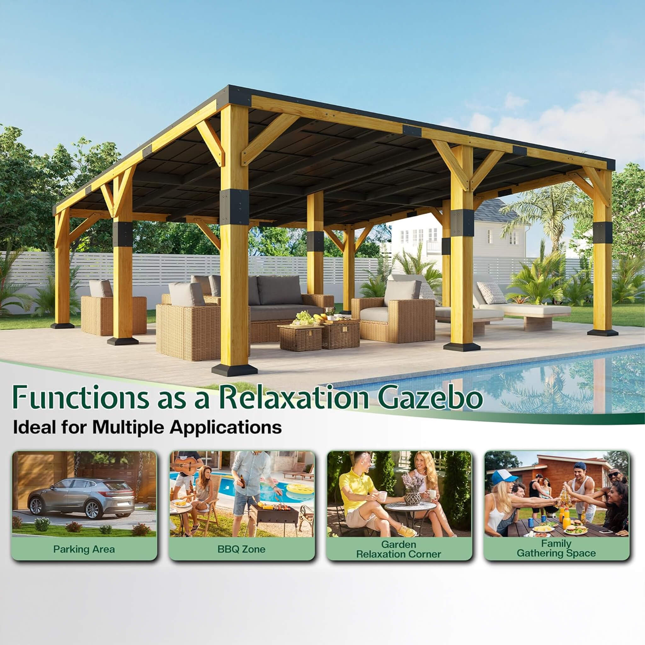 Alora Heavy-Duty All-Weather Outdoor Cedar Wood Carport With Galvanized Steel Roof