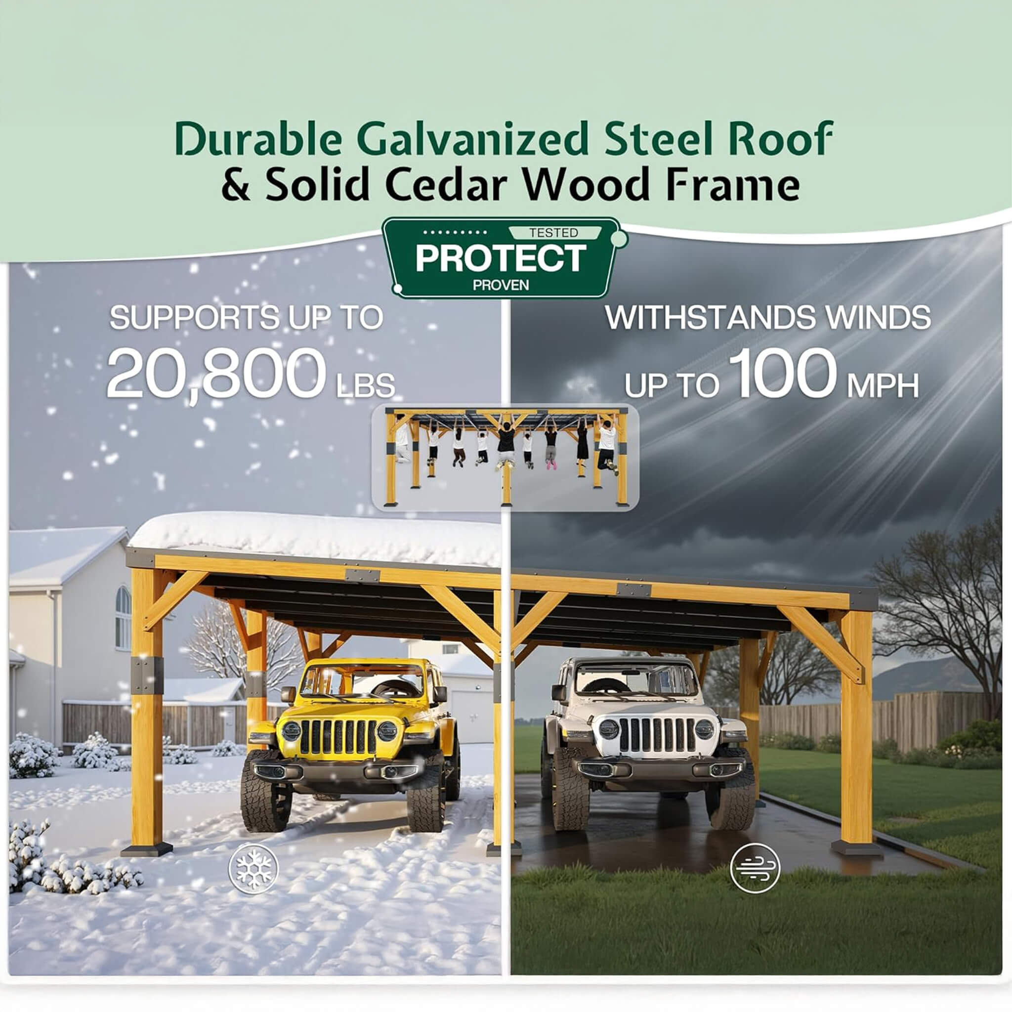 Alora Heavy-Duty All-Weather Outdoor Cedar Wood Carport With Galvanized Steel Roof