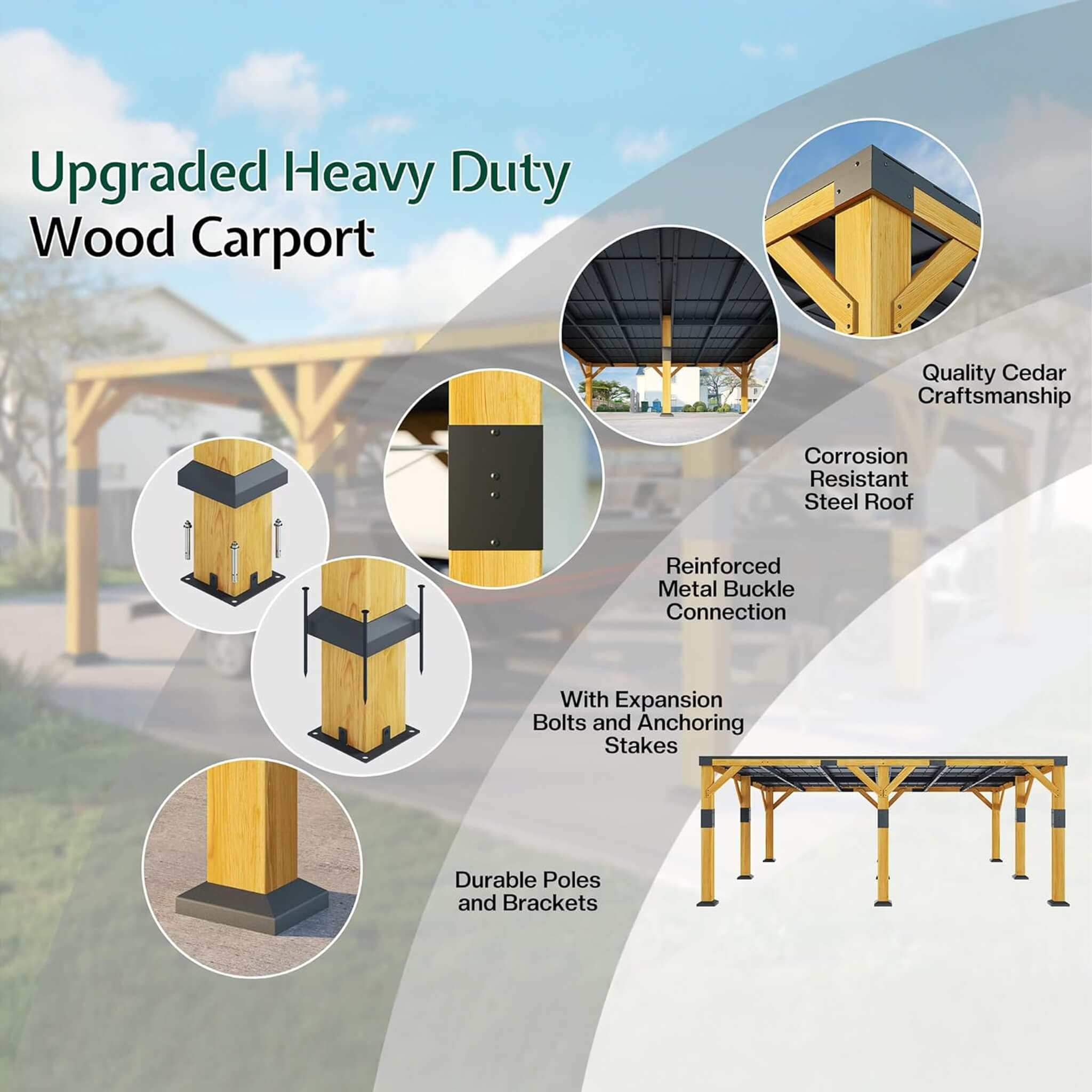 Alora Heavy-Duty All-Weather Outdoor Cedar Wood Carport With Galvanized Steel Roof
