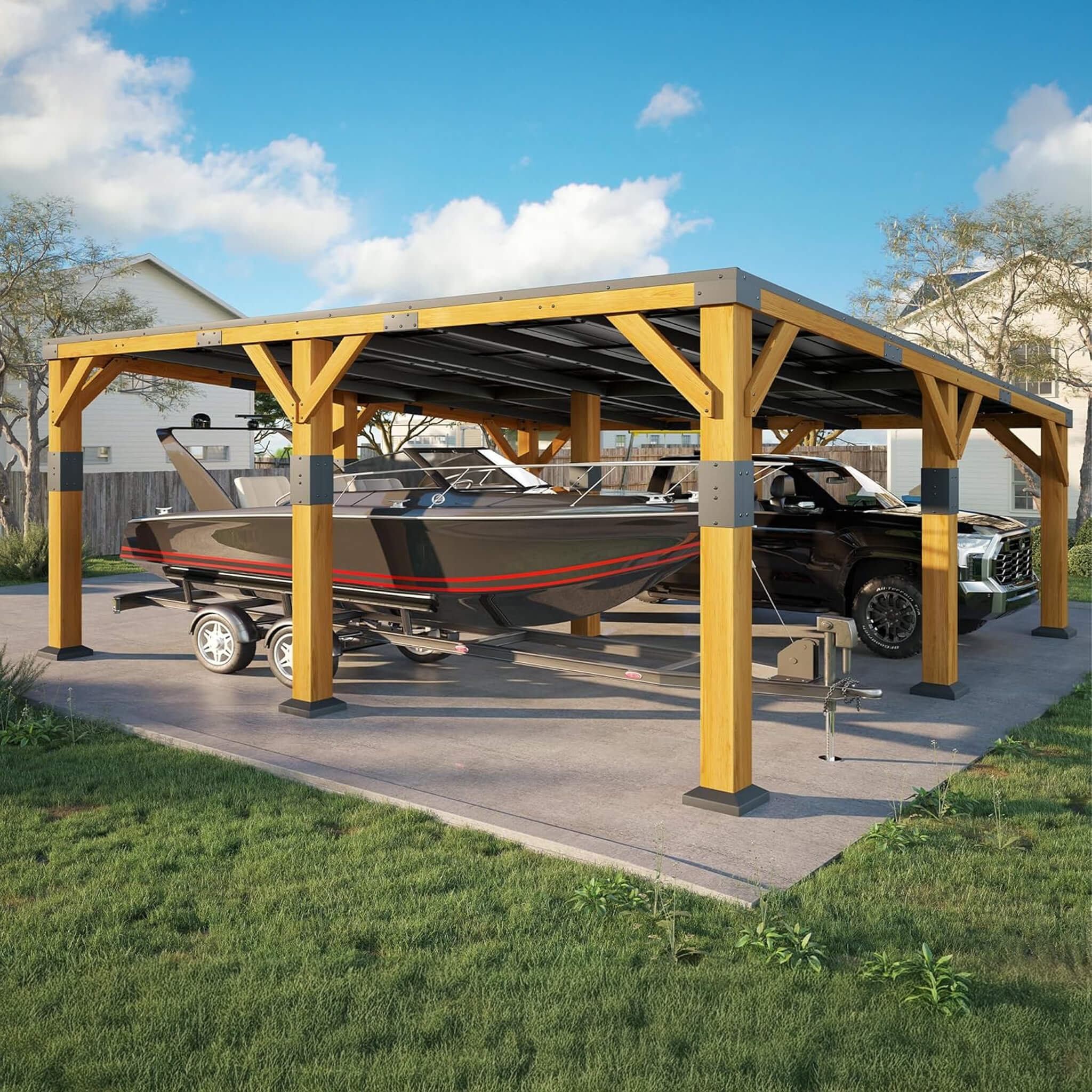 Alora Heavy-Duty All-Weather Outdoor Cedar Wood Carport With Galvanized Steel Roof