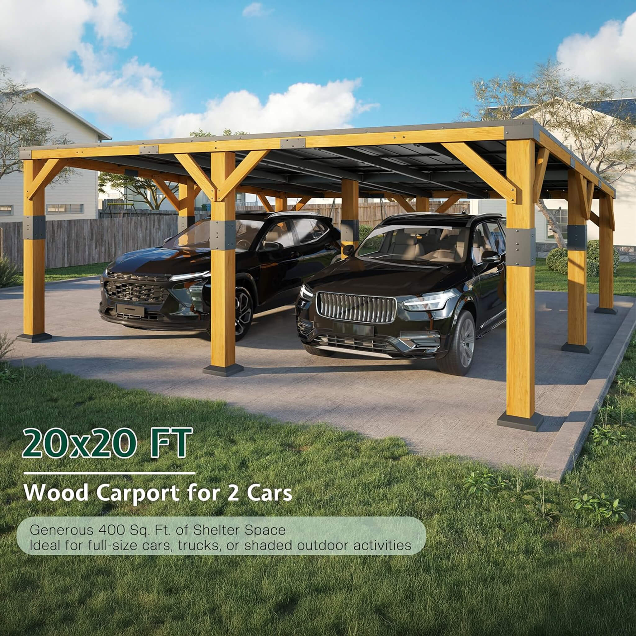 Alora Heavy-Duty All-Weather Outdoor Cedar Wood Carport With Galvanized Steel Roof