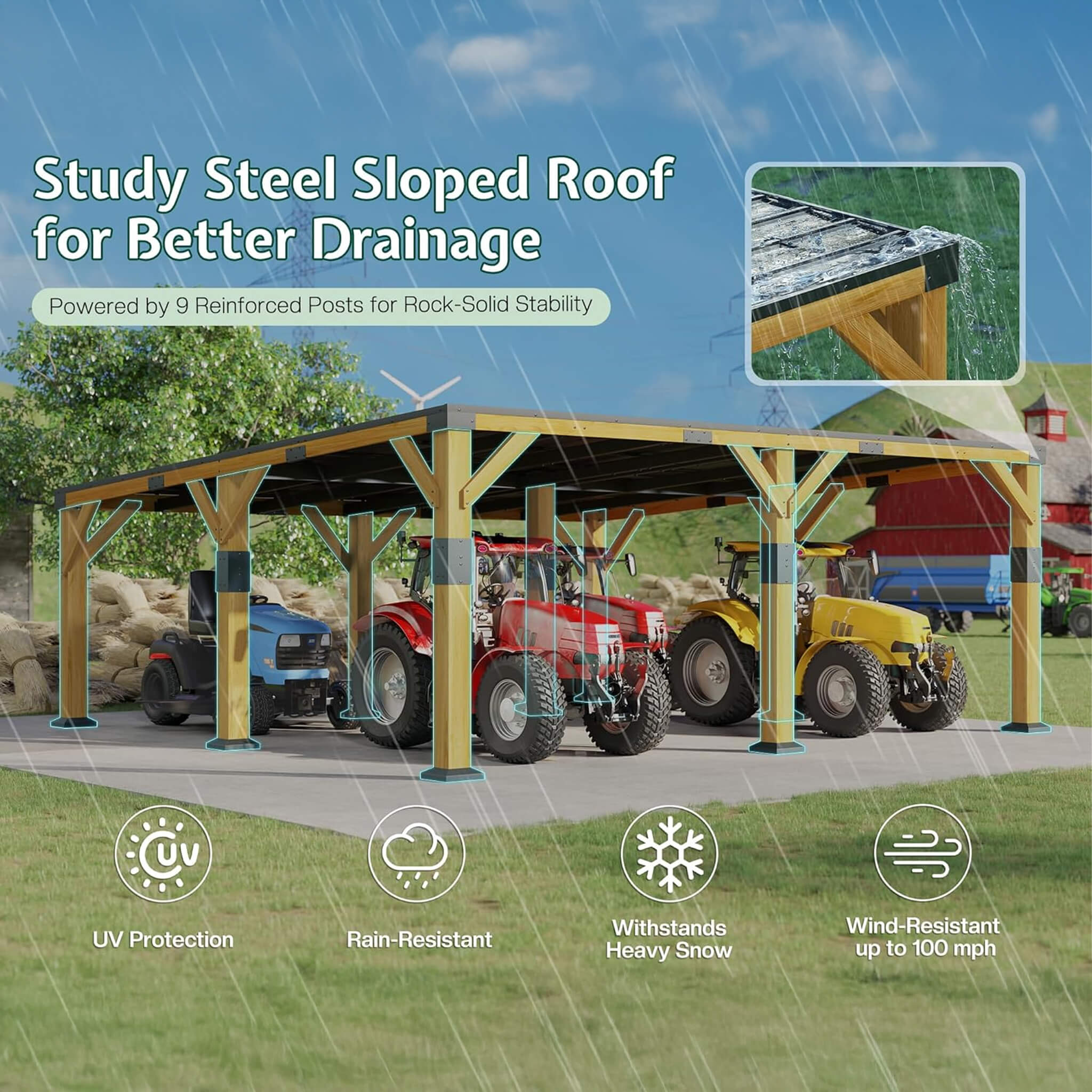 Alora Heavy-Duty All-Weather Outdoor Cedar Wood Carport With Galvanized Steel Roof