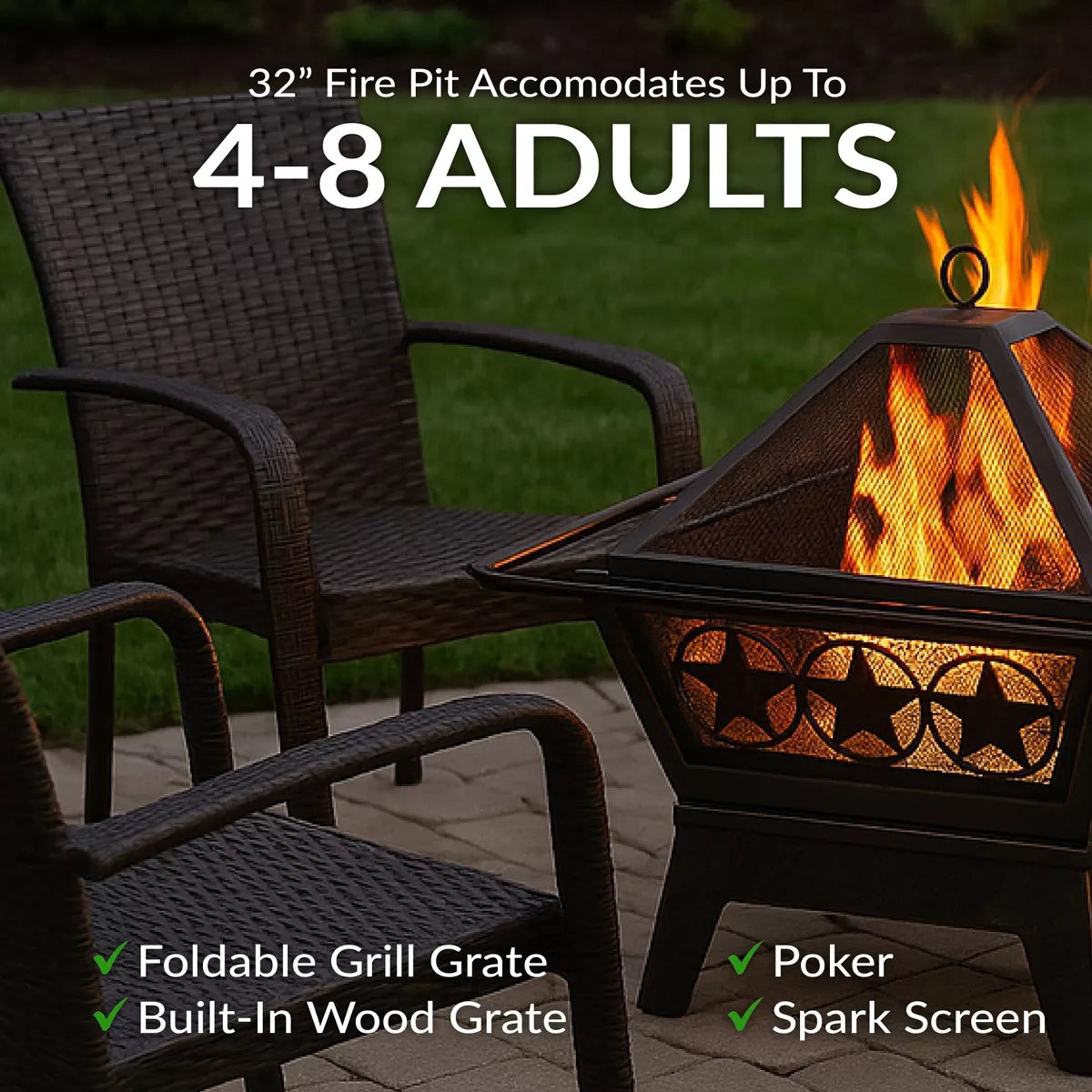 Sunnydaze Outdoor Camping or Backyard Steel Northern Galaxy Fire Pit with Cooking Grill Grate, Spark Screen, and Log Poker - 32"