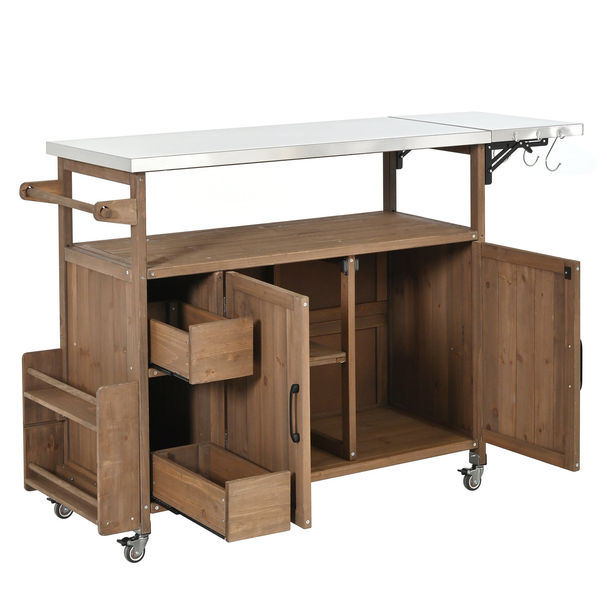 Farmhouse Rolling Outdoor Kitchen Cart with Stainless Steel Top - Natural Wood